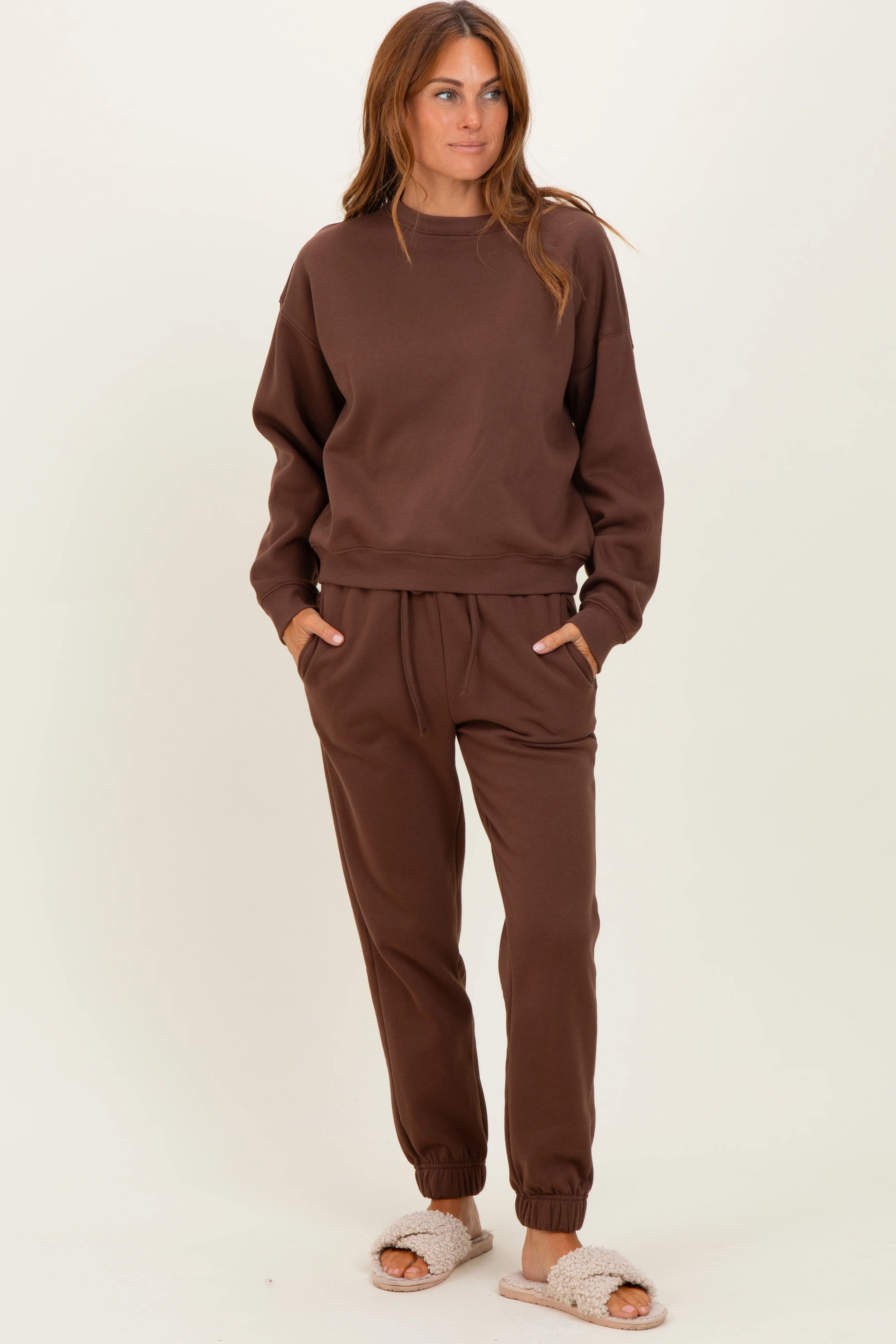 Brown Fleece Long Sleeve Maternity Pullover & Jogger Set - Image 5