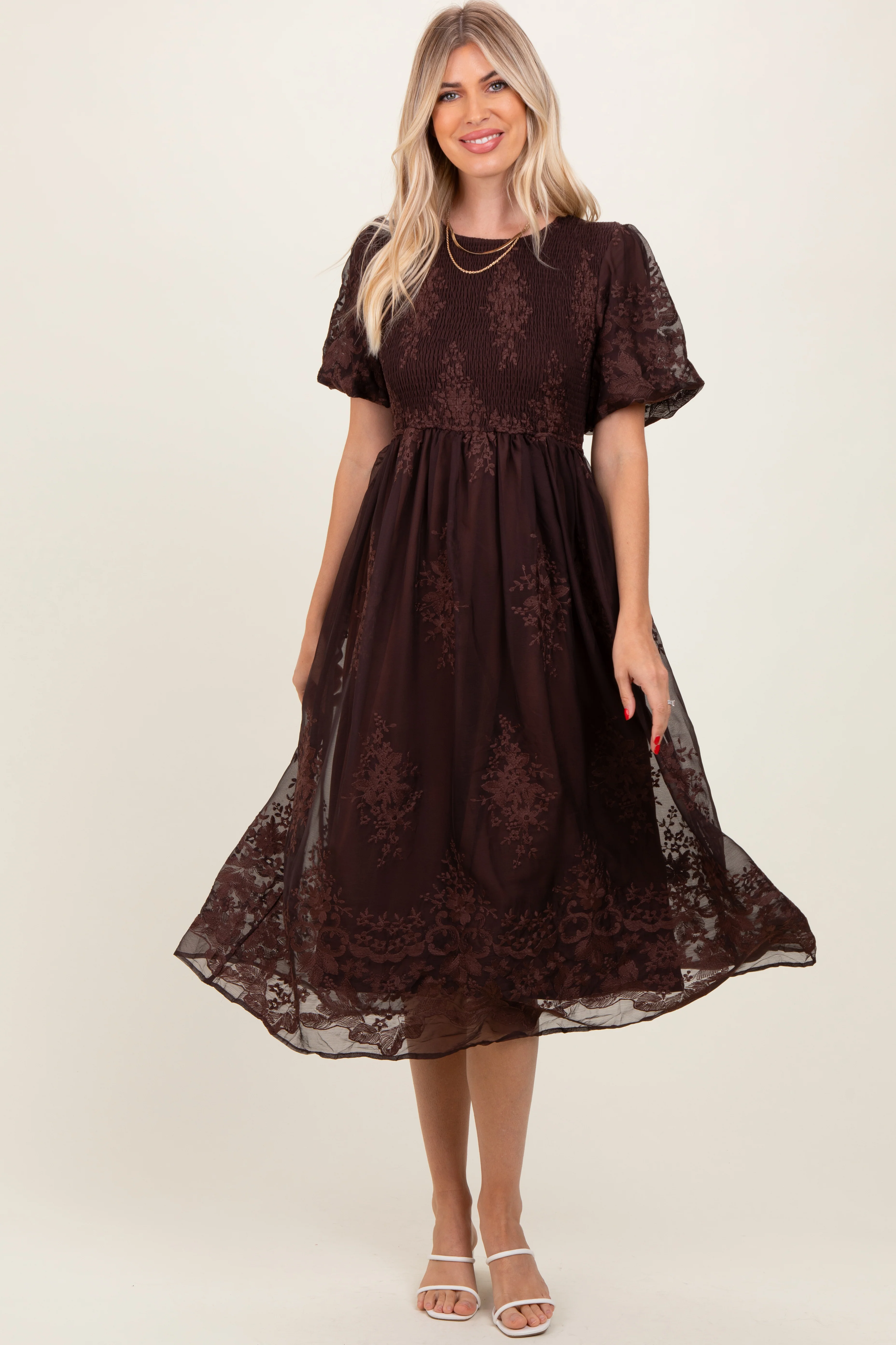 Brown Floral Embroidered Mesh Overlay Smocked Maternity Midi Dress - Image 6
