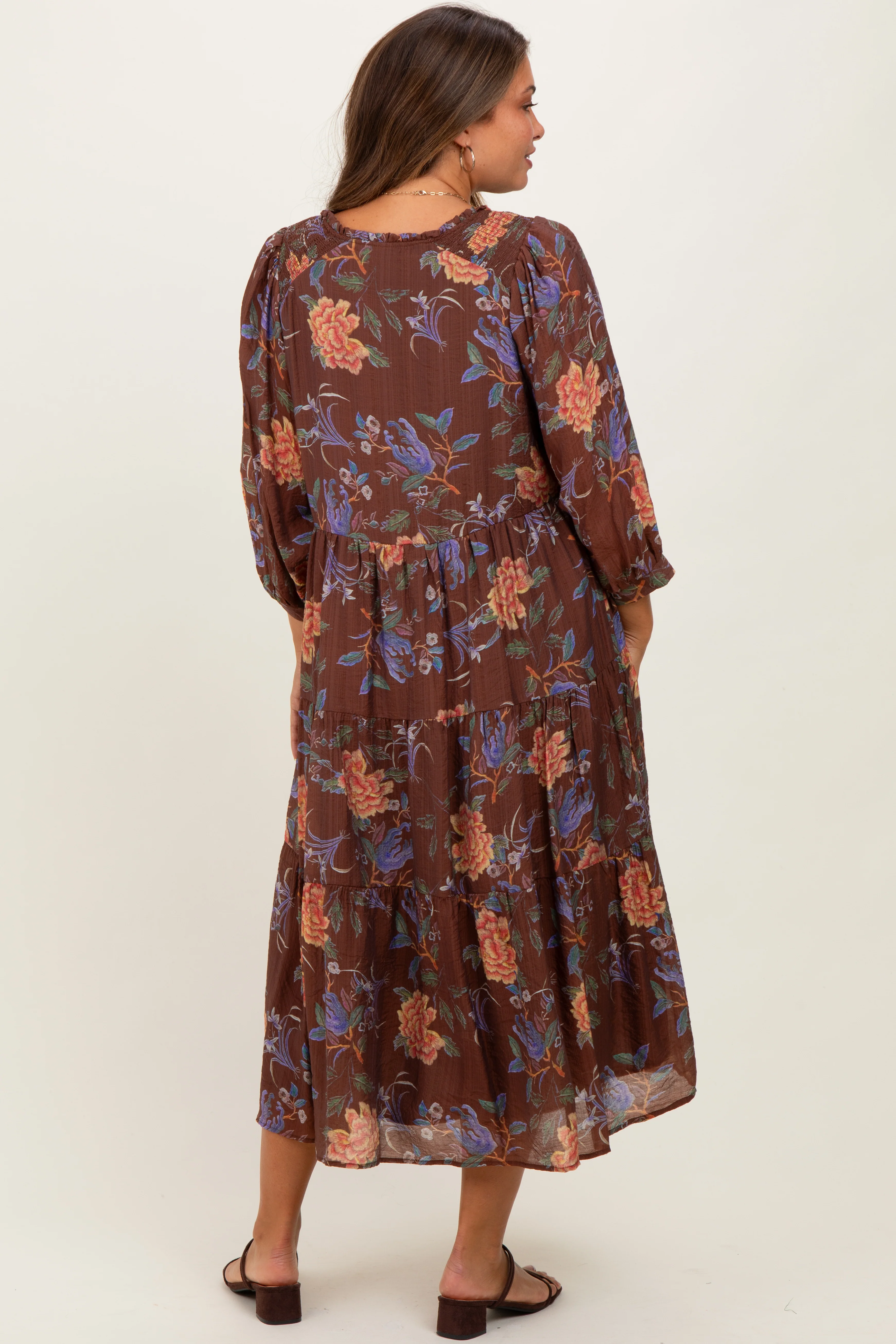 Brown Floral Front Tie Tiered Maternity Midi Dress - Image 3