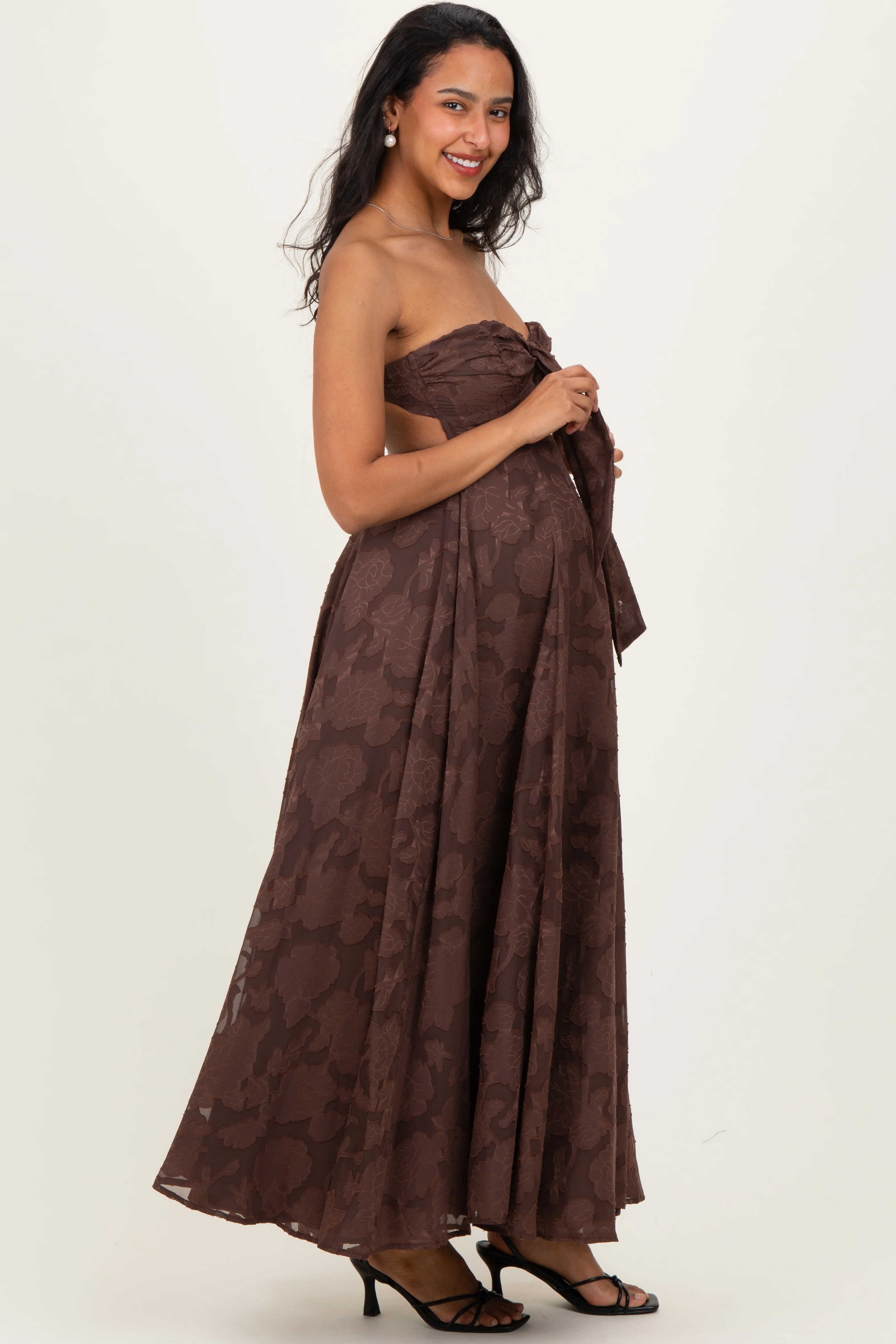 Brown Floral Jacquard Strapless Open Back Maternity Maxi Dress - Image 3