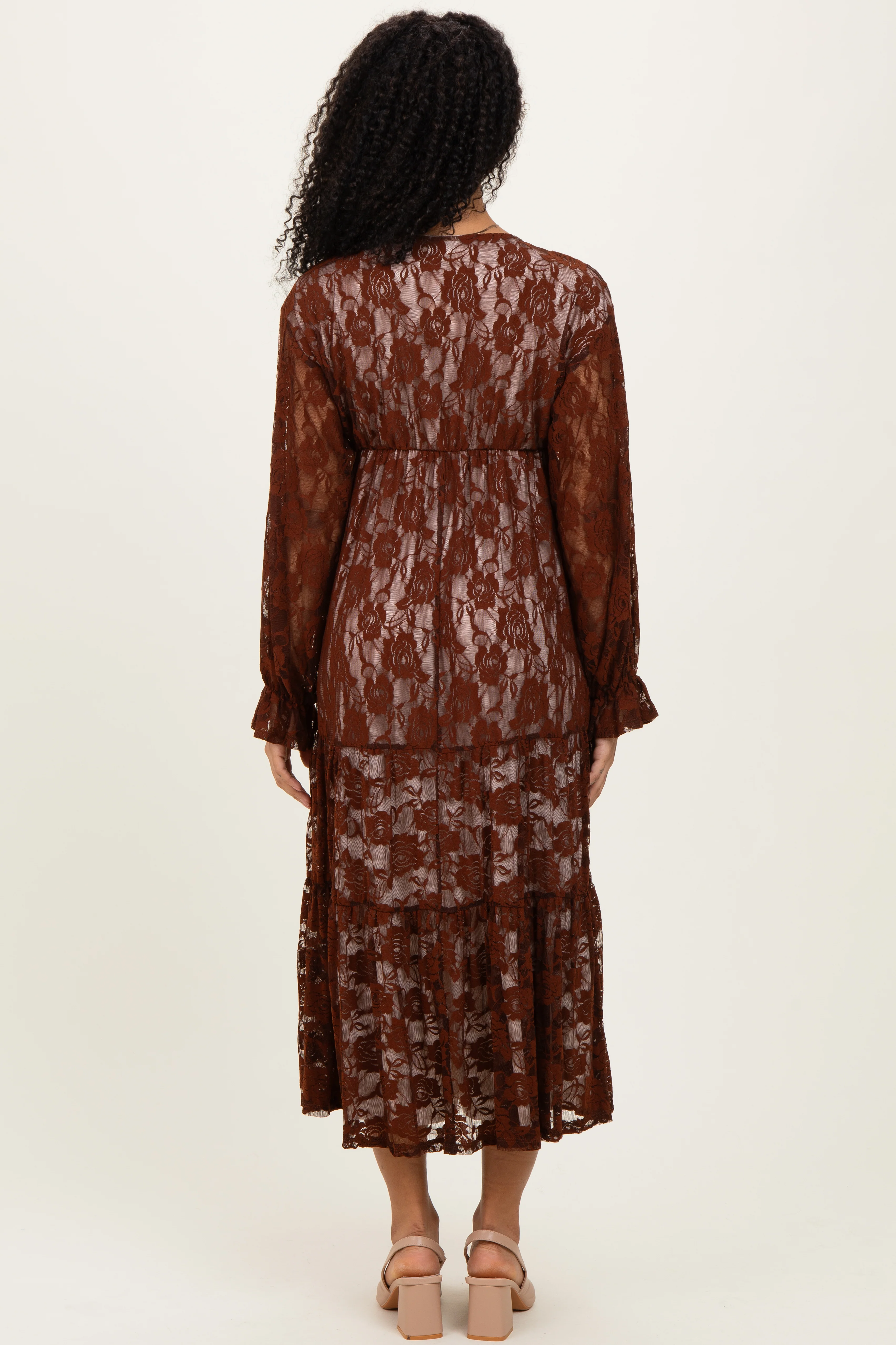 Brown Floral Lace Long Sleeve V-Neck Maxi Dress - Image 3