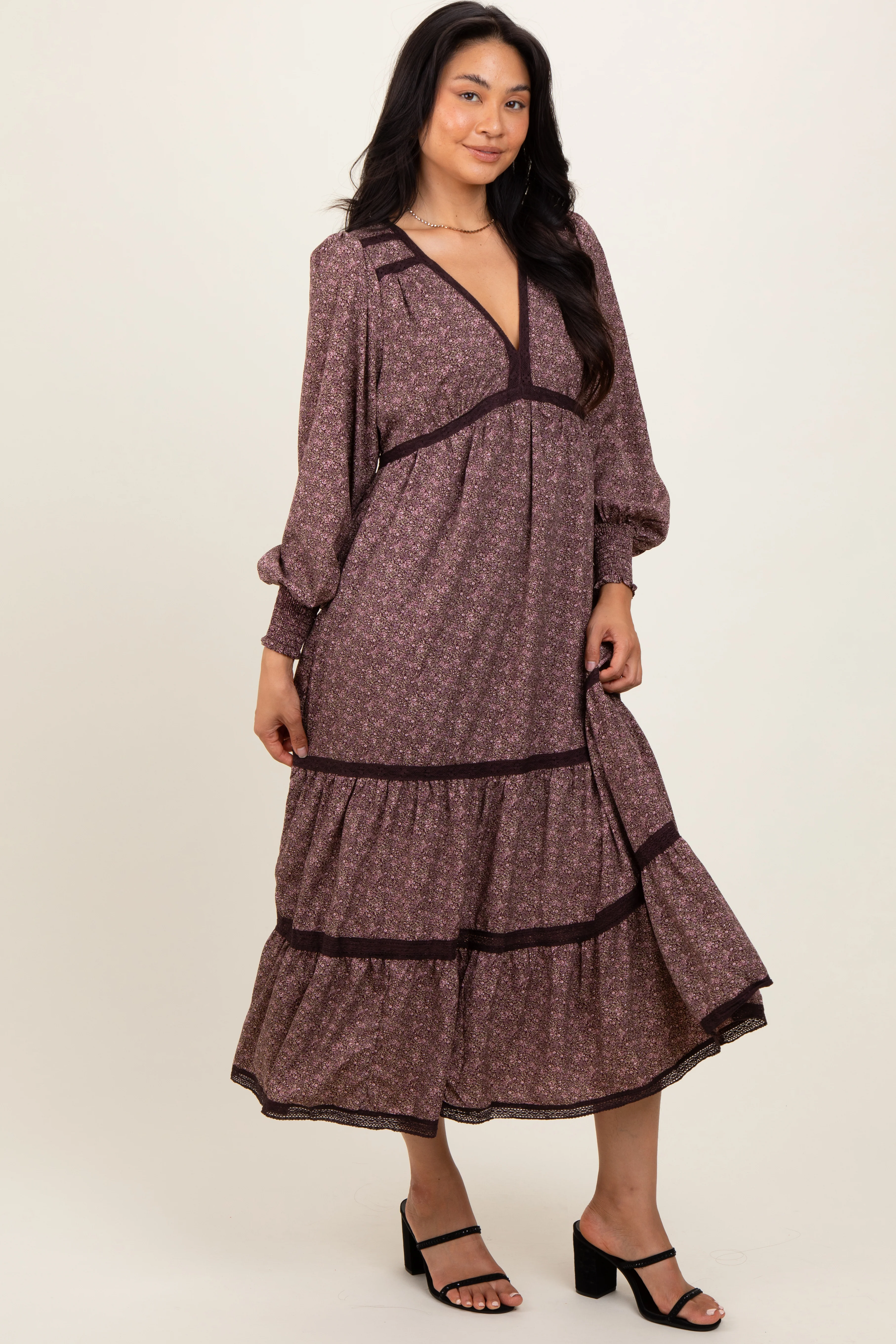 Brown Floral Lace Trim Bubble Sleeve Maternity Maxi Dress - Image 5