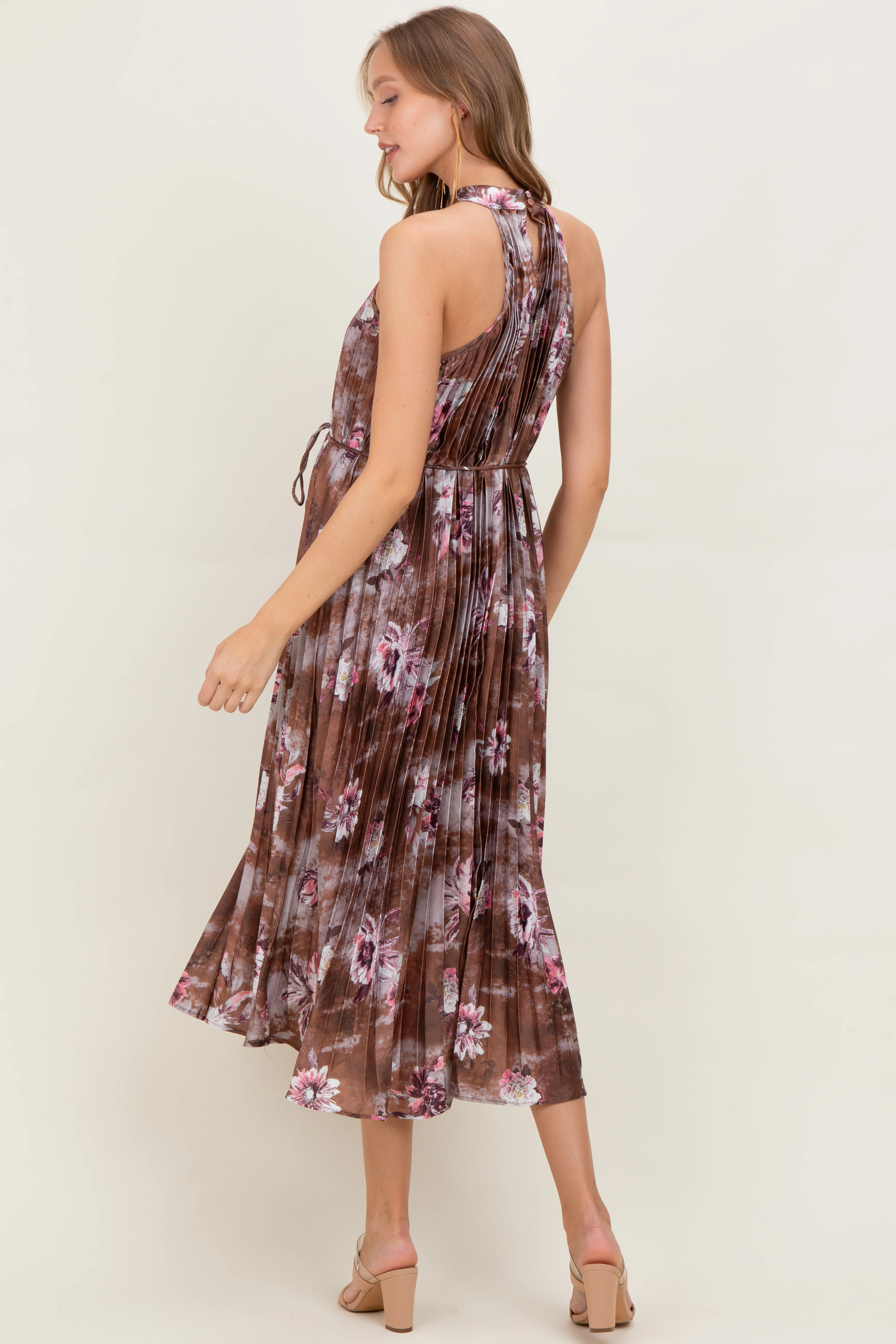 Brown Floral Pleated Halter Maternity Midi Dress - Image 4