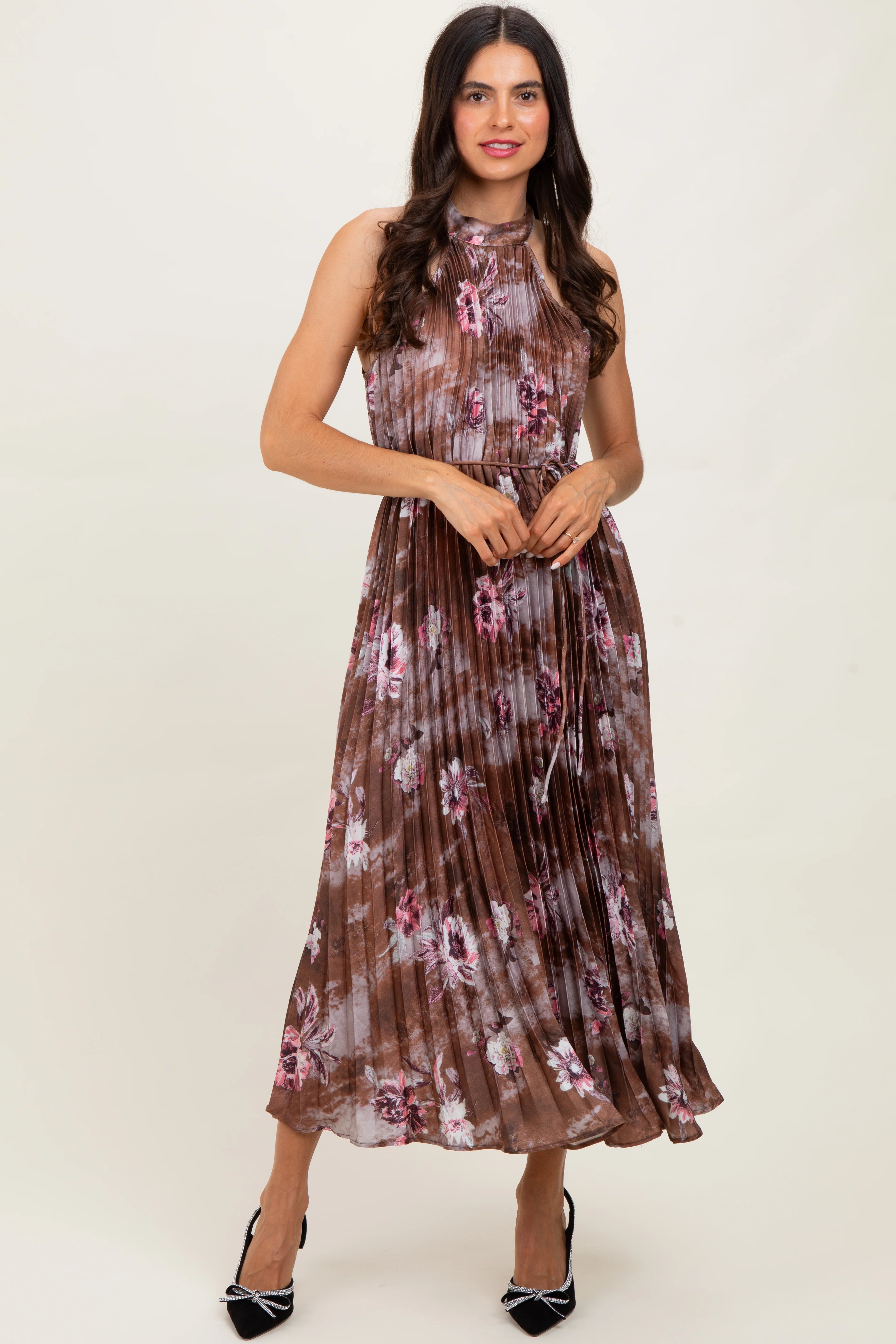 Brown Floral Pleated Halter Maternity Midi Dress - Image 5