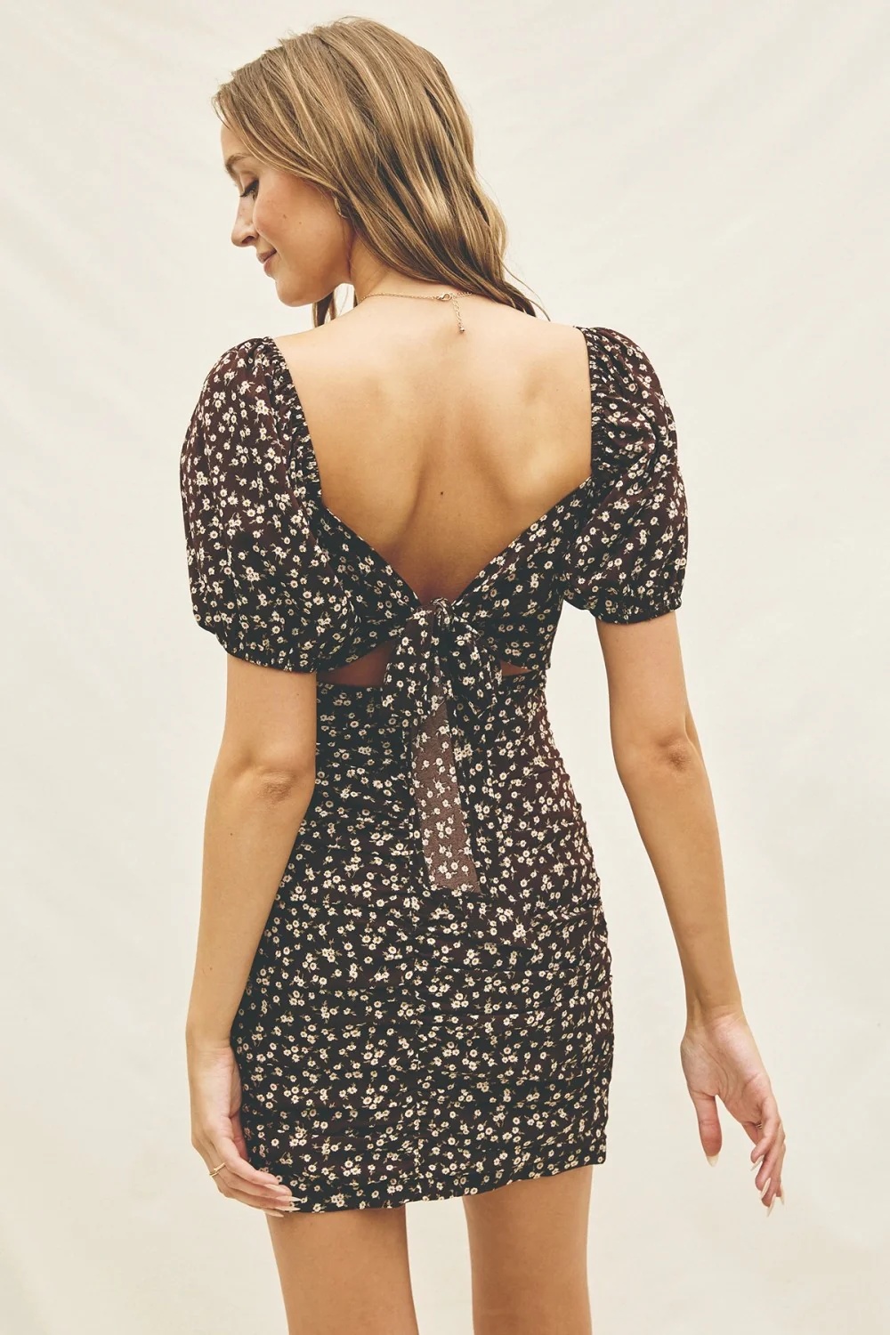 Brown Floral Puff Sleeve Ruched Mini Dress - Image 3