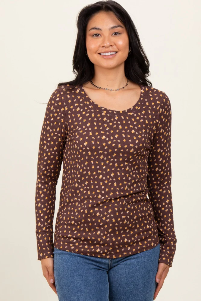 Brown Floral Ribbed Long Sleeve Maternity Top - Image 5