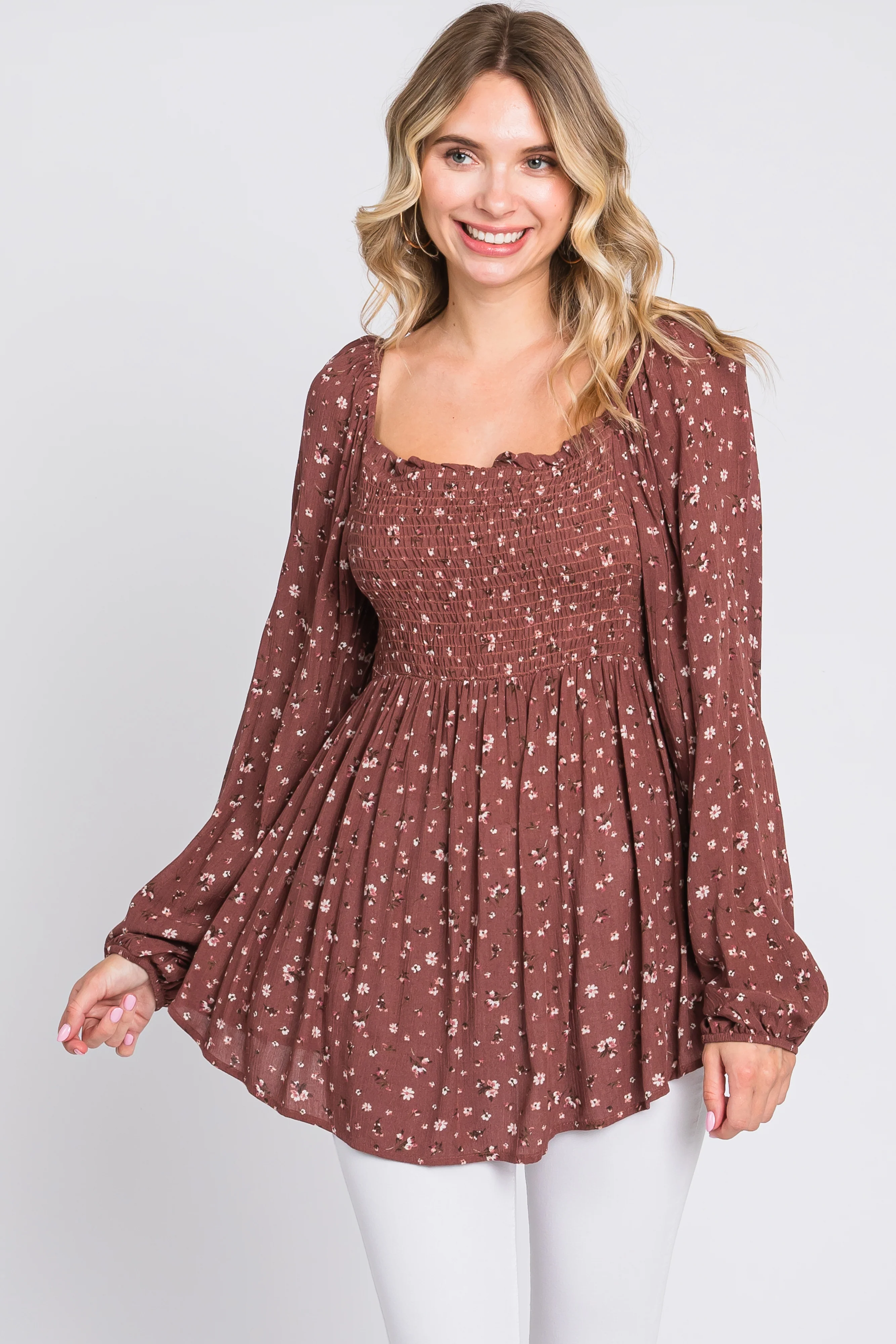 Brown Floral Smocked Long Sleeve Maternity Top - Image 4