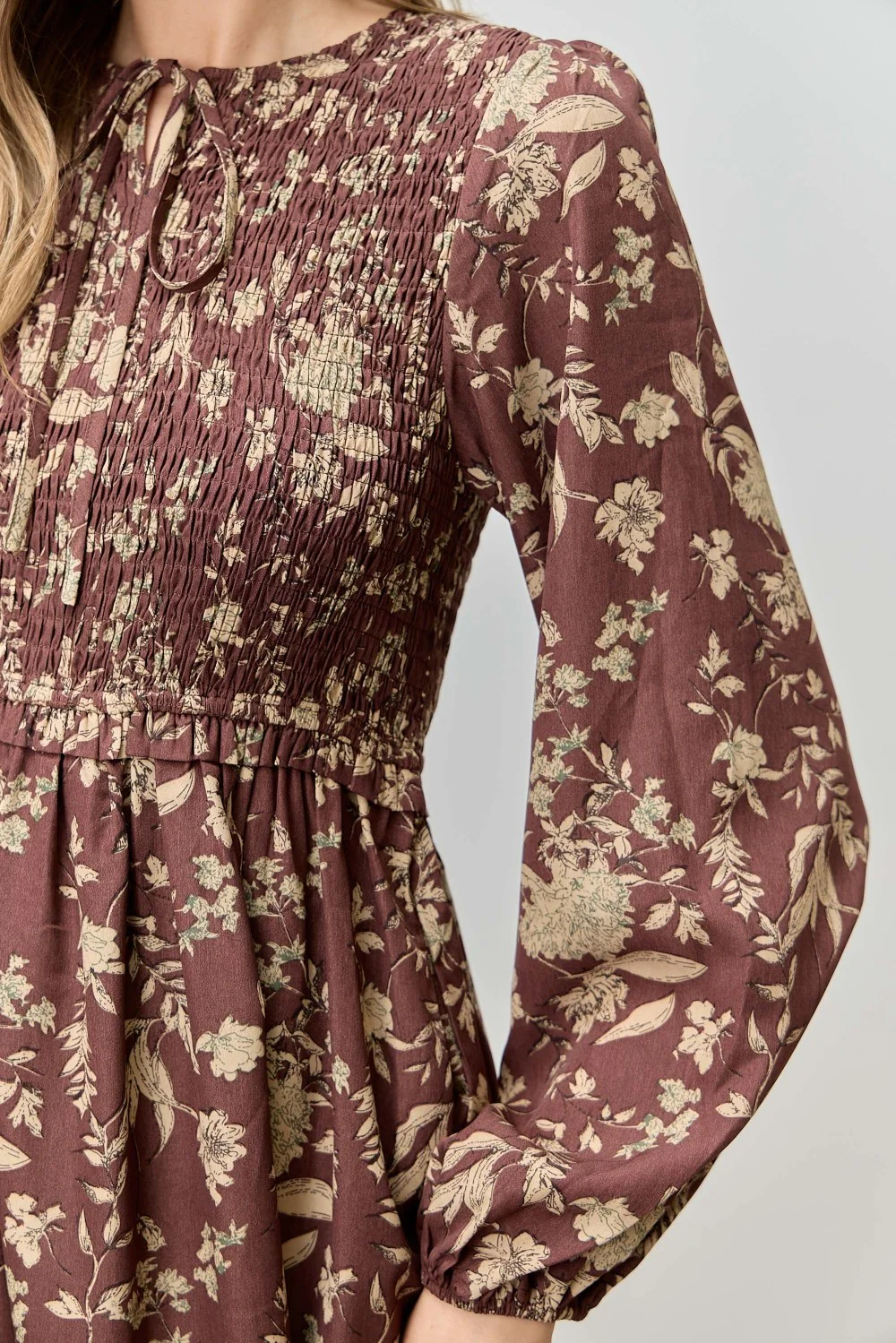 Brown Floral Smocked Long Sleeve Midi Dress - Image 4