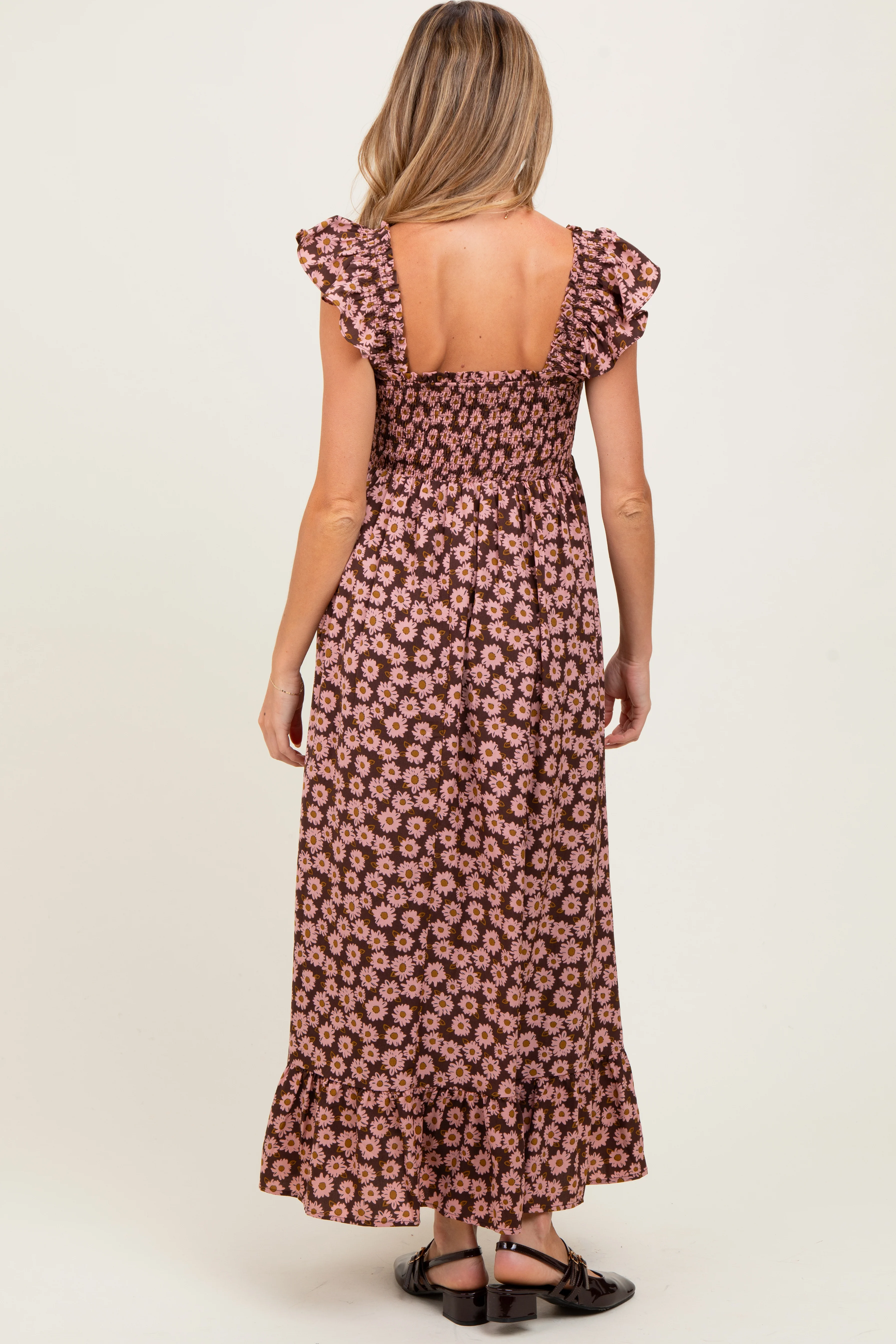 Brown Floral Smocked Maternity Midi Dress - Image 3