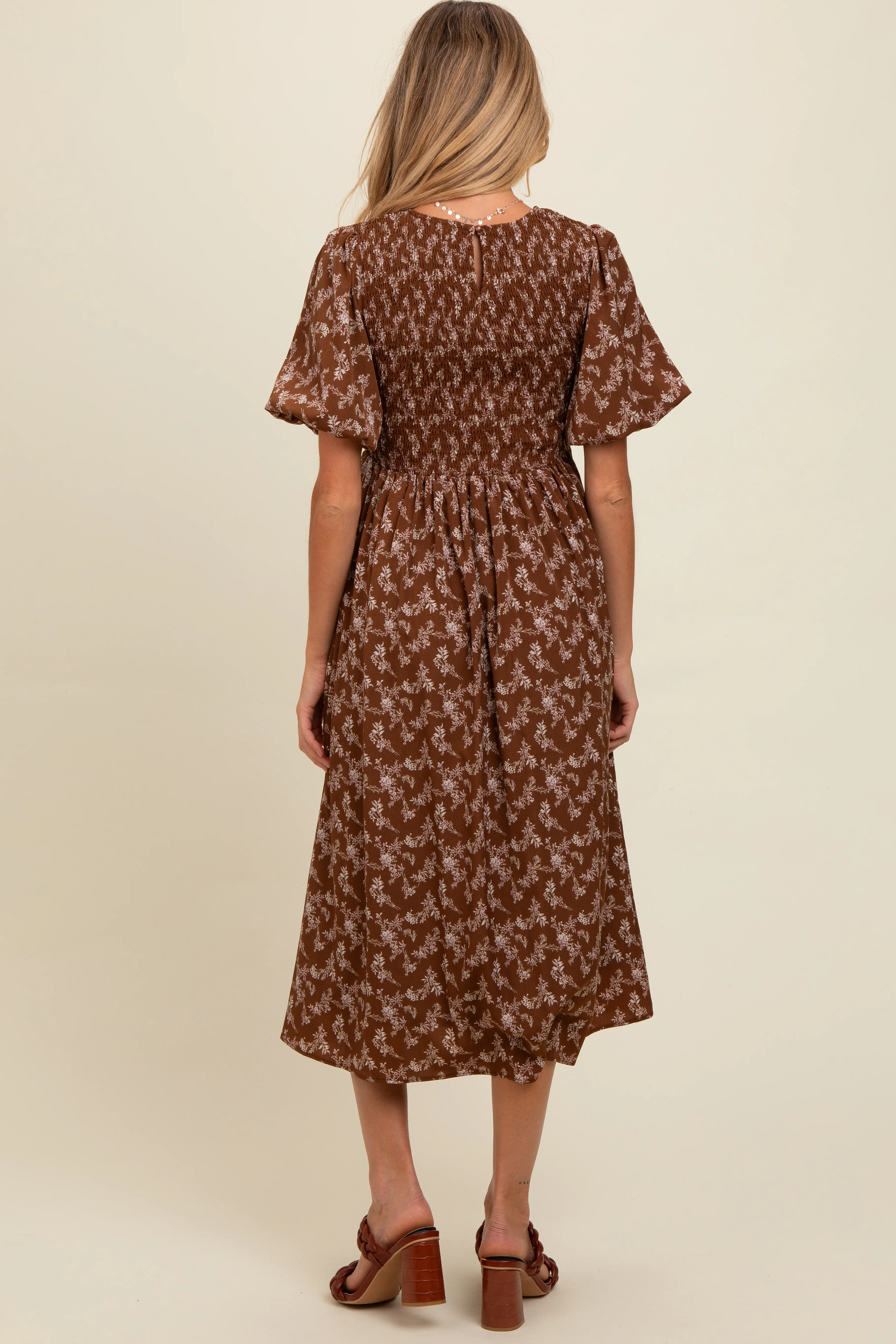 Brown Floral Smocked Maternity Midi Dress - Image 3
