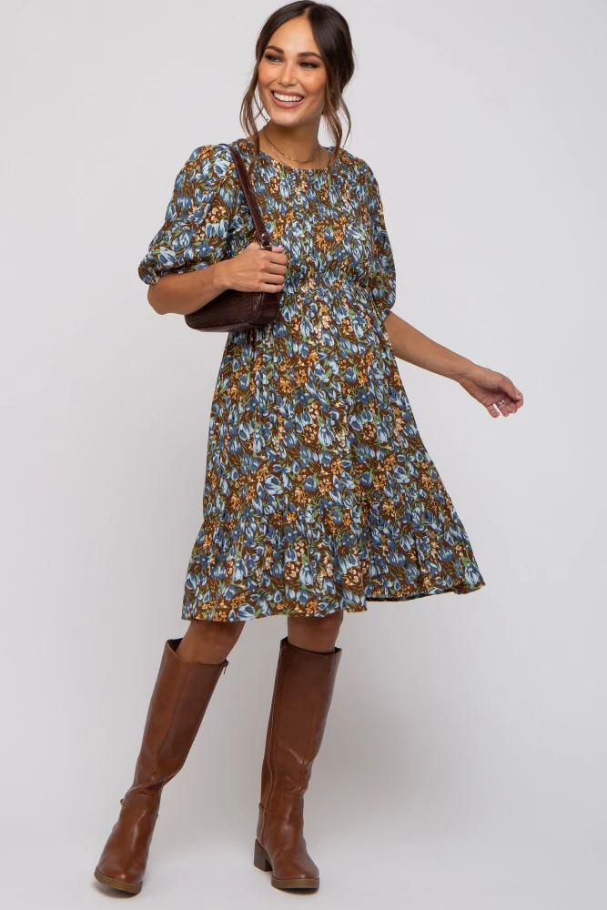 Brown Floral Smocked Puff Sleeve Maternity Dress - Image 4