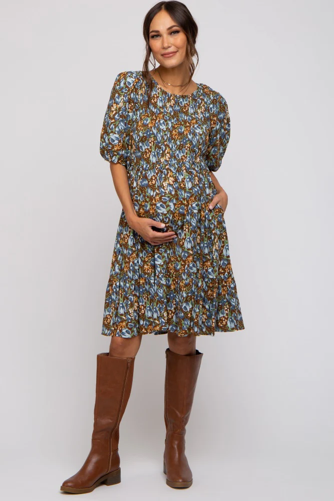 Brown Floral Smocked Puff Sleeve Maternity Dress - Image 5