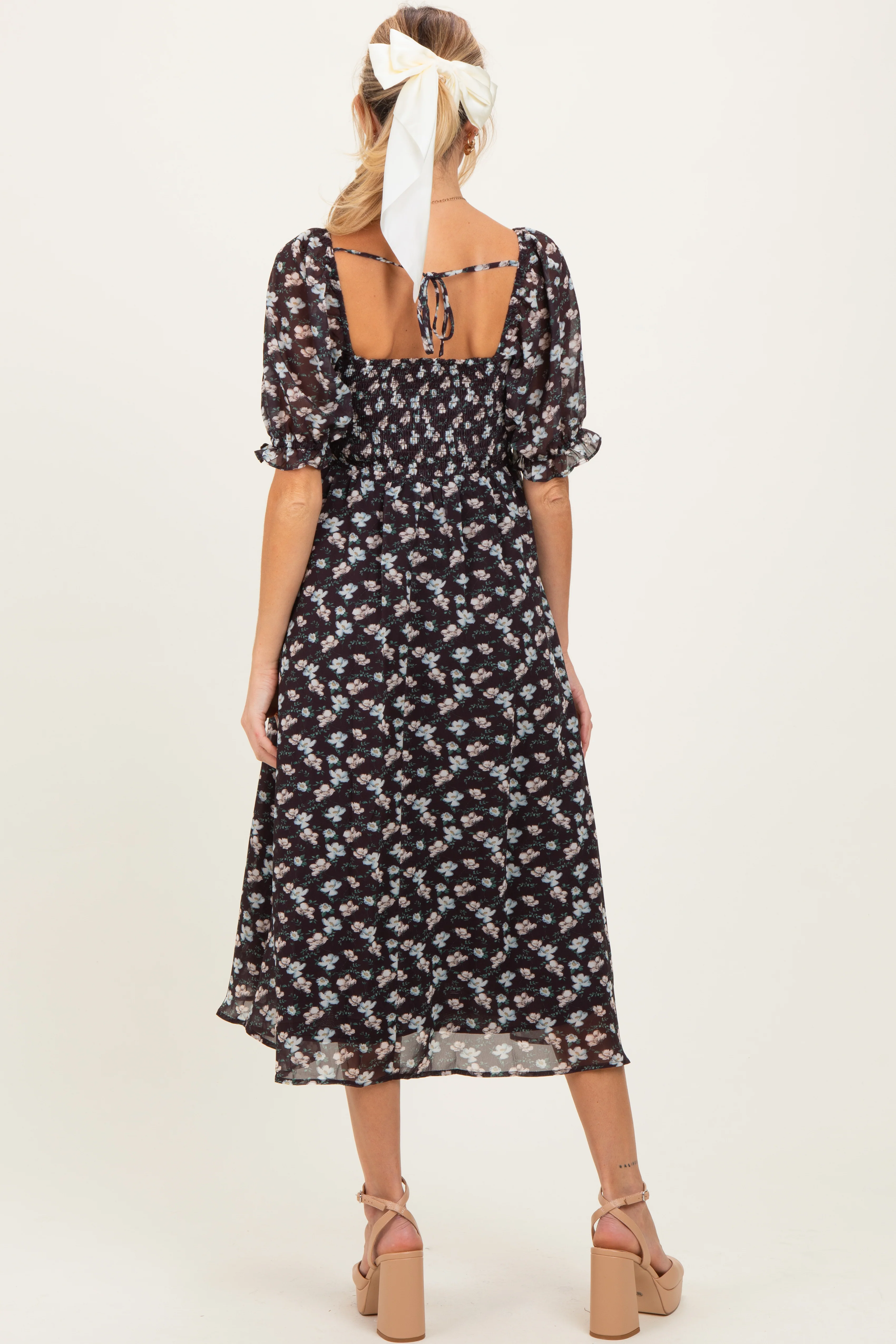 Brown Floral Smocked Puff Sleeve Maternity Midi Dress - Image 4