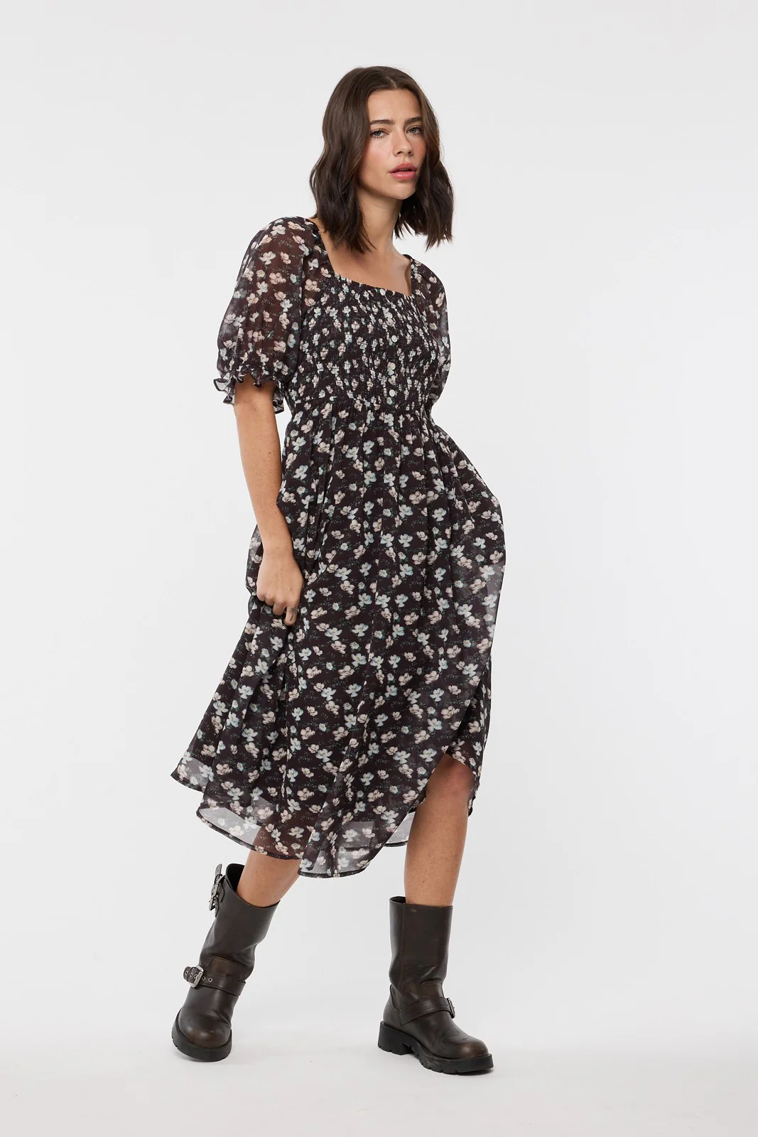 Brown Floral Smocked Puff Sleeve Midi Dress - Image 6
