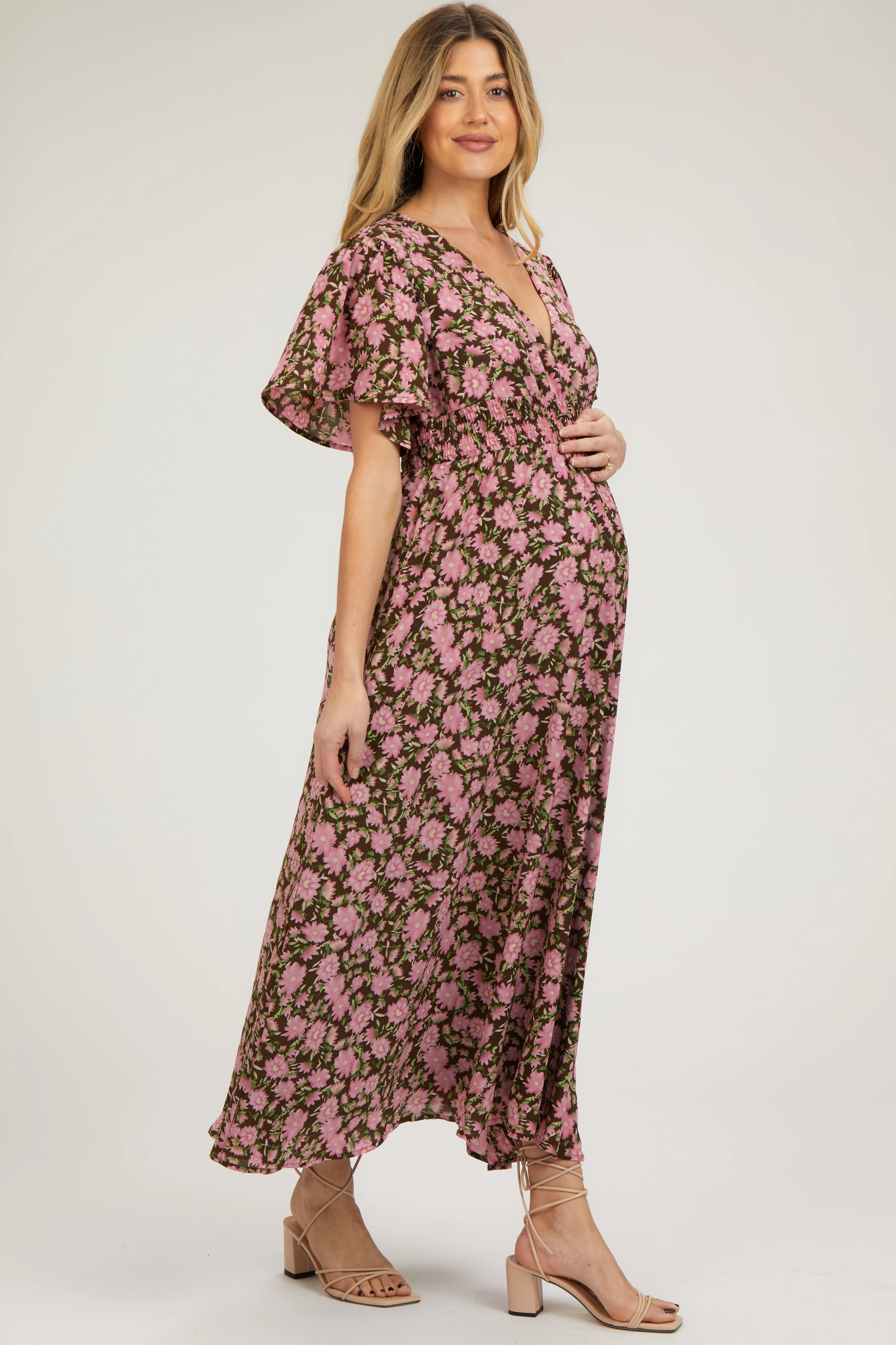 Brown Floral Smocked Waist Maternity Maxi Dress - Image 3