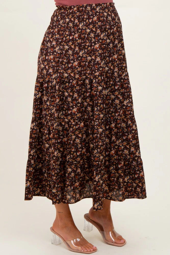 Brown Floral Smocked Waist Maternity Maxi Skirt - Image 4