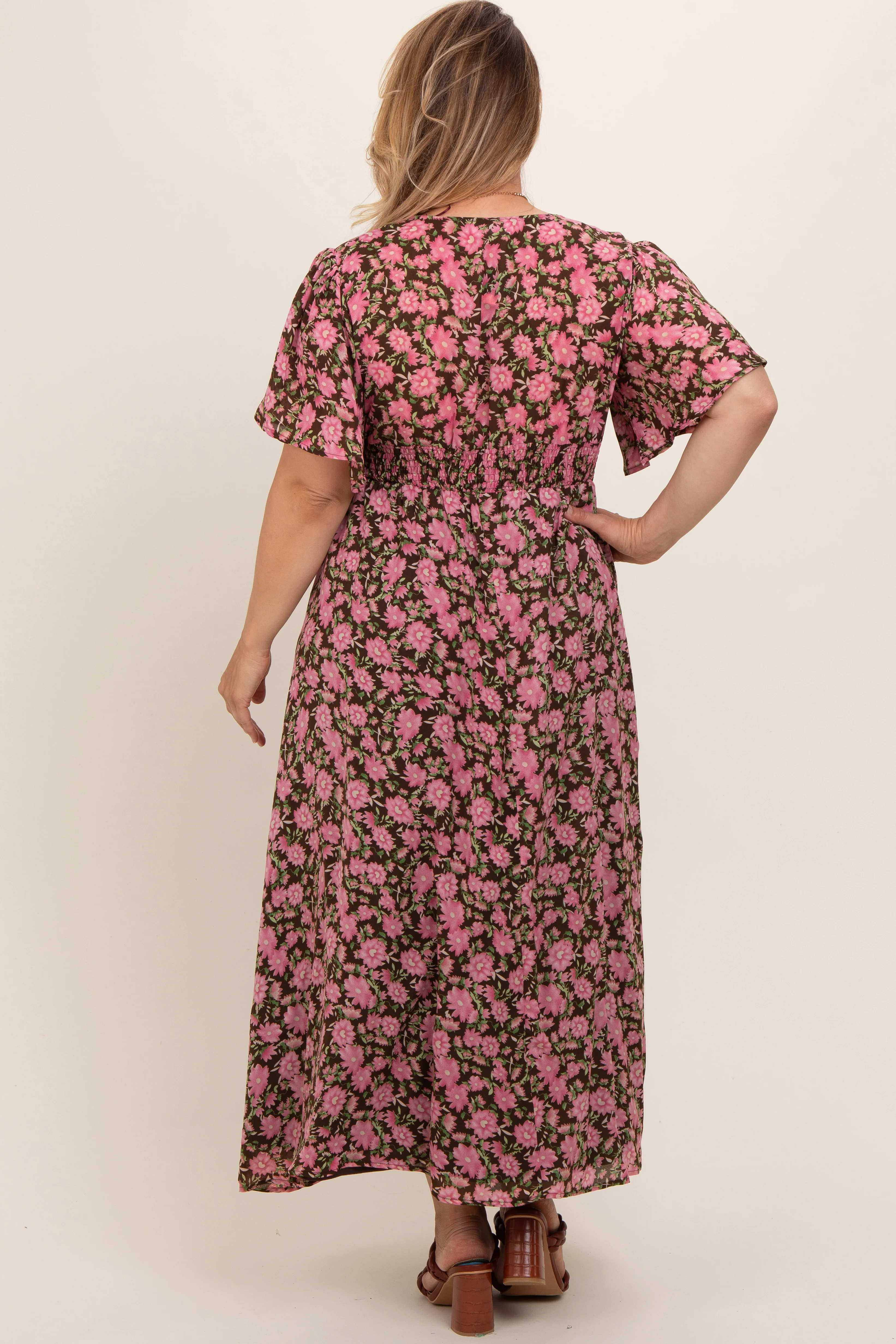 Brown Floral Smocked Waist Maternity Plus Maxi Dress - Image 5