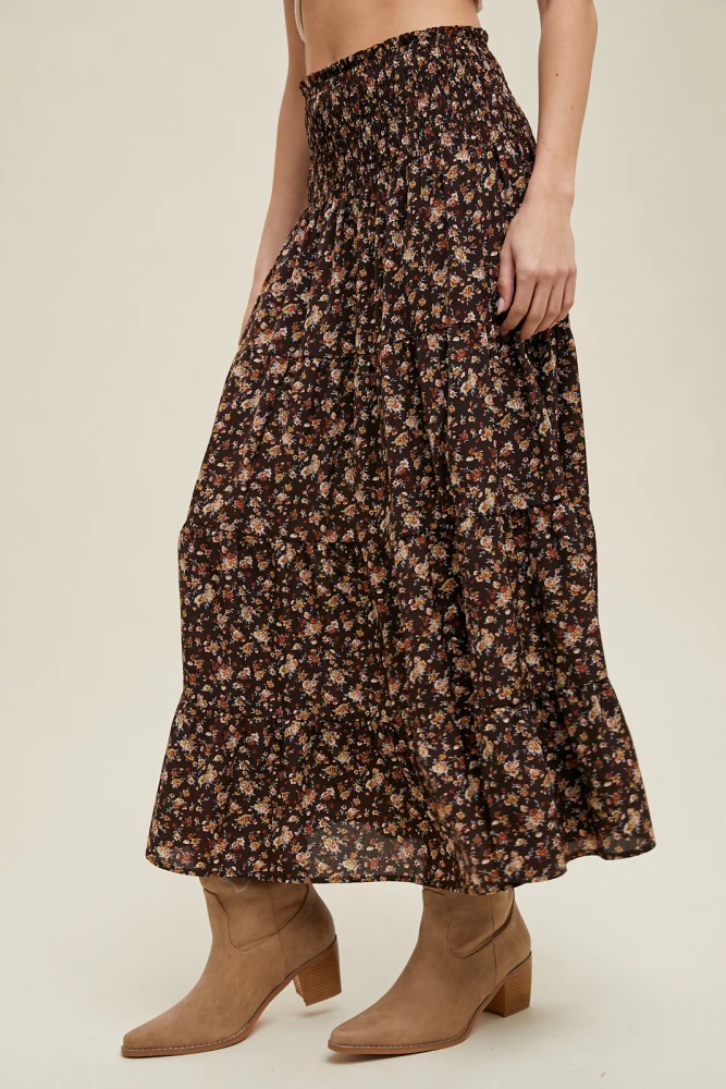Brown Floral Smocked Waist Maxi Skirt - Image 3