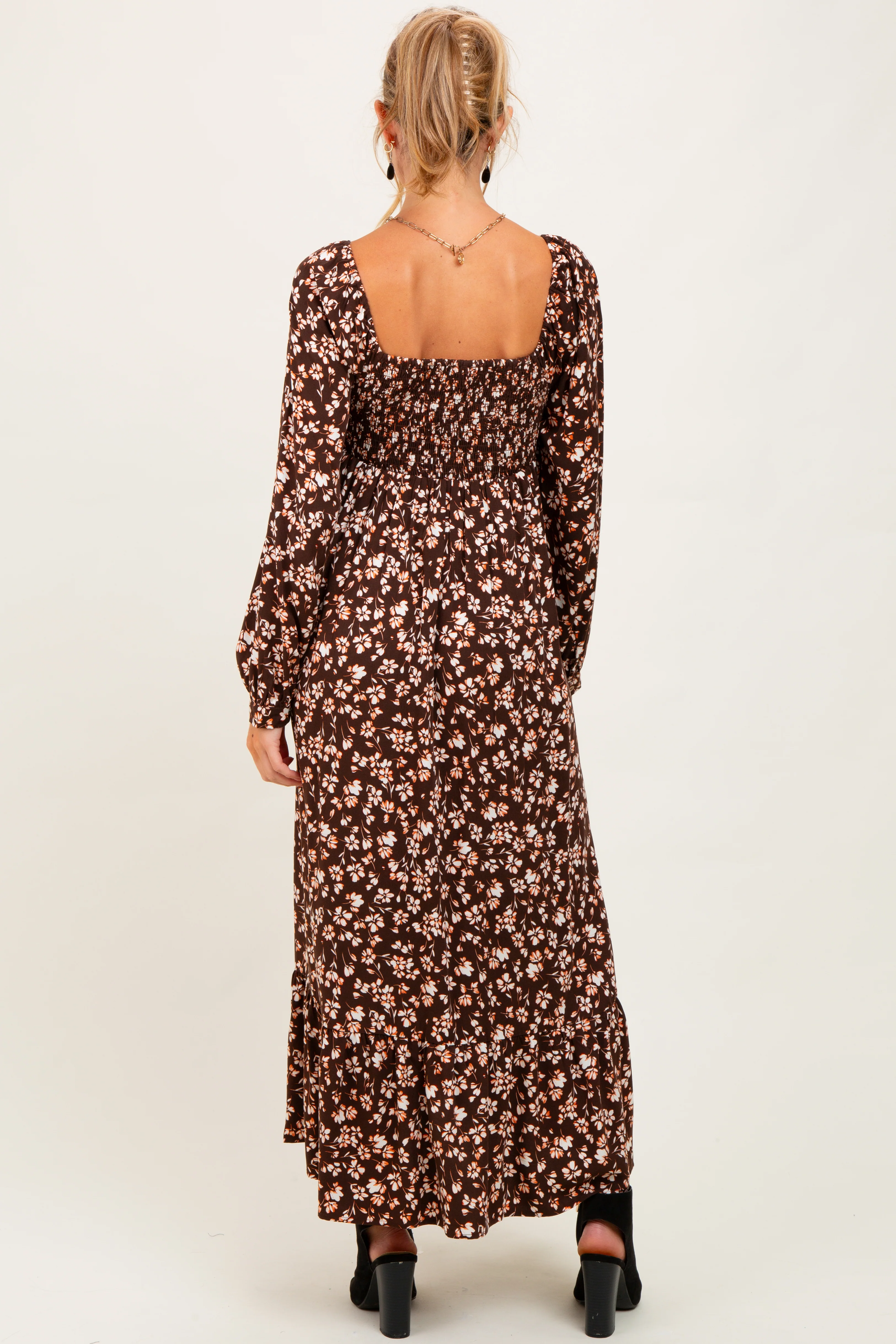 Brown Floral Square Neck Long Sleeve Maternity Maxi Dress - Image 3