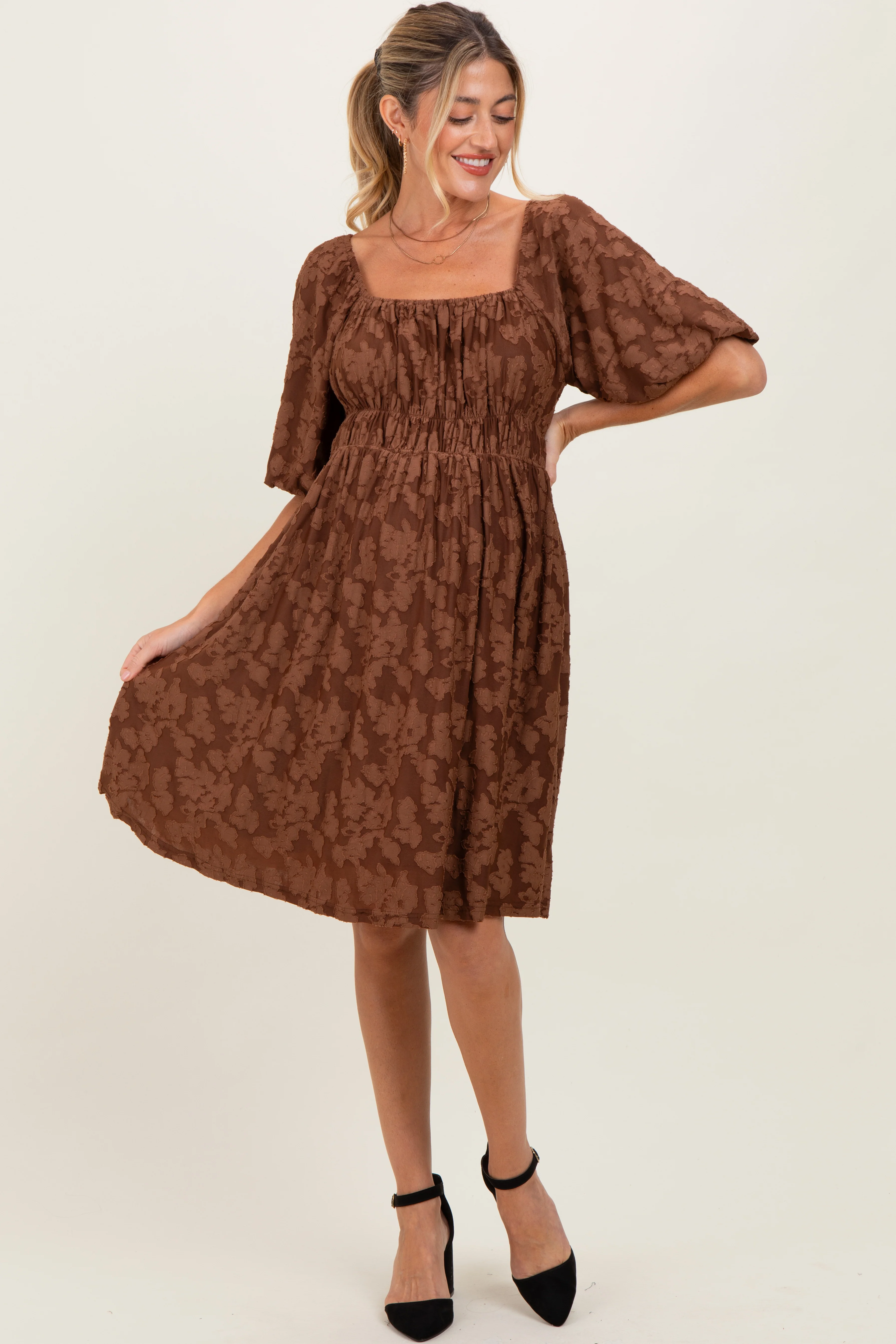 Brown Floral Square Neck Maternity Dress - Image 3