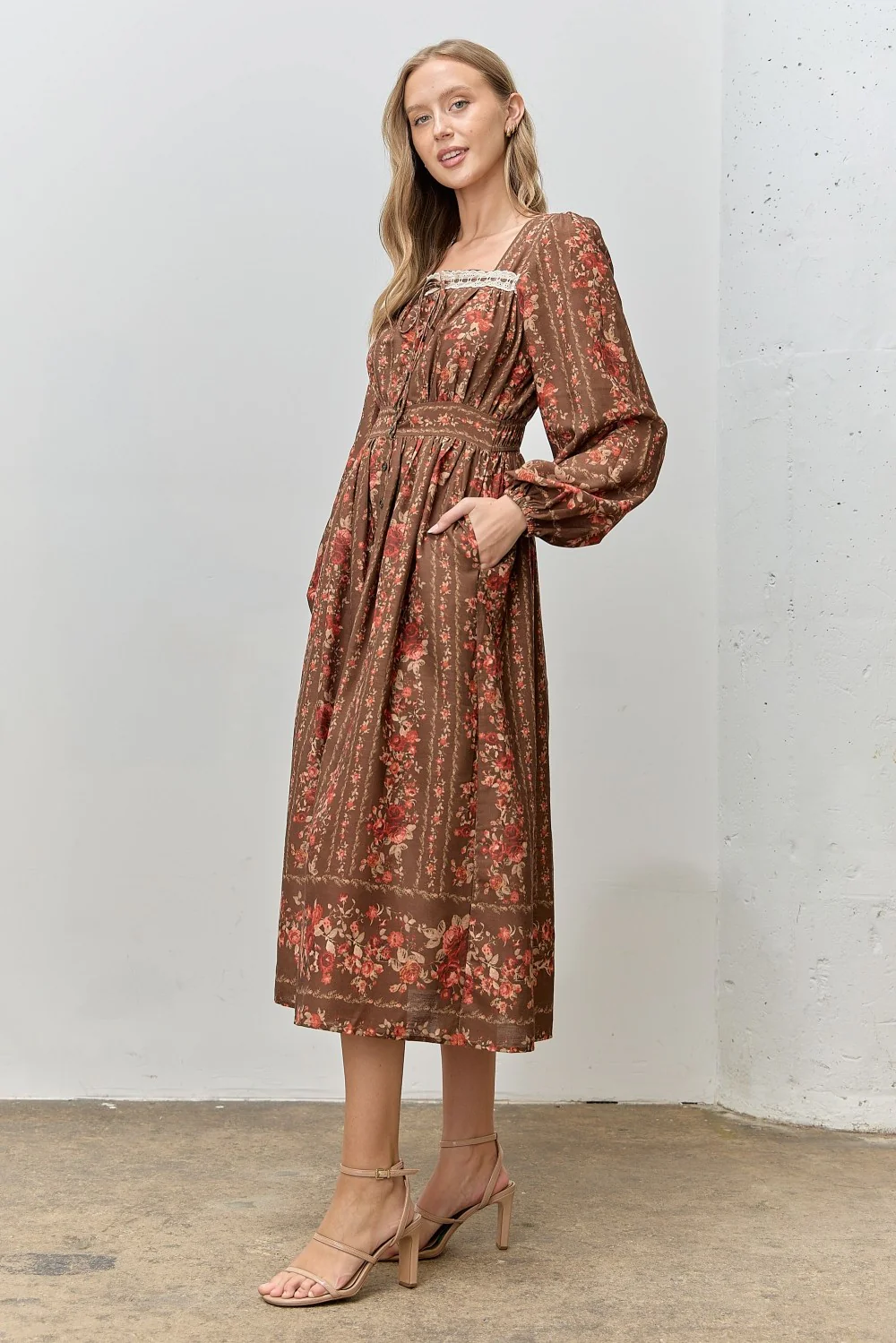 Brown Floral Stripe Button Down Long Sleeve Midi Dress - Image 2
