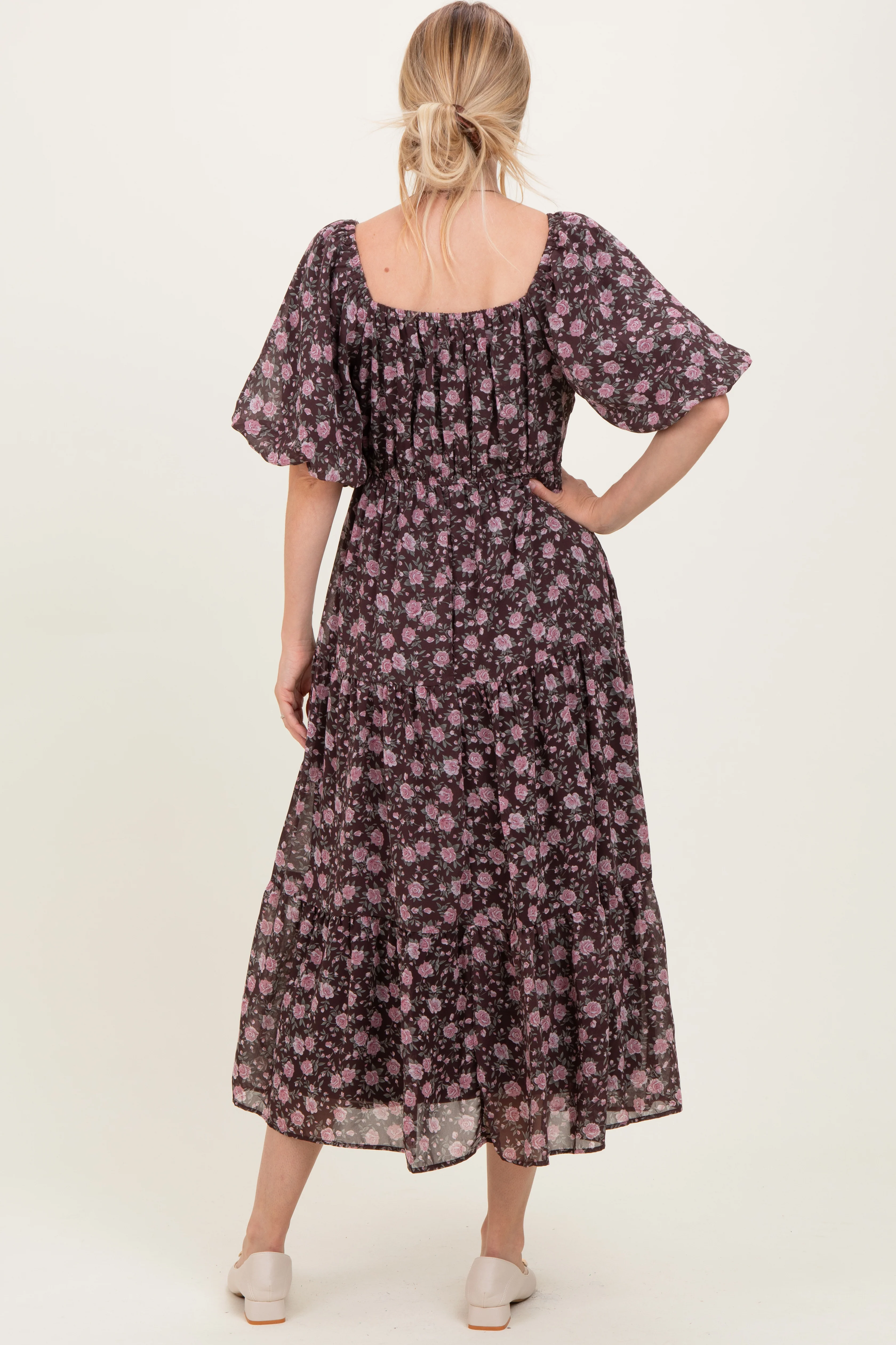 Brown Floral Sweetheart Neckline Puff Sleeve Maxi Dress - Image 4