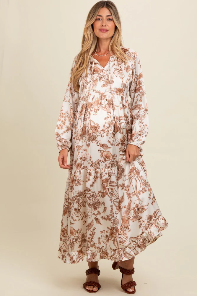 Brown Floral Tassel Tie Front Maternity Maxi Dress - Image 2