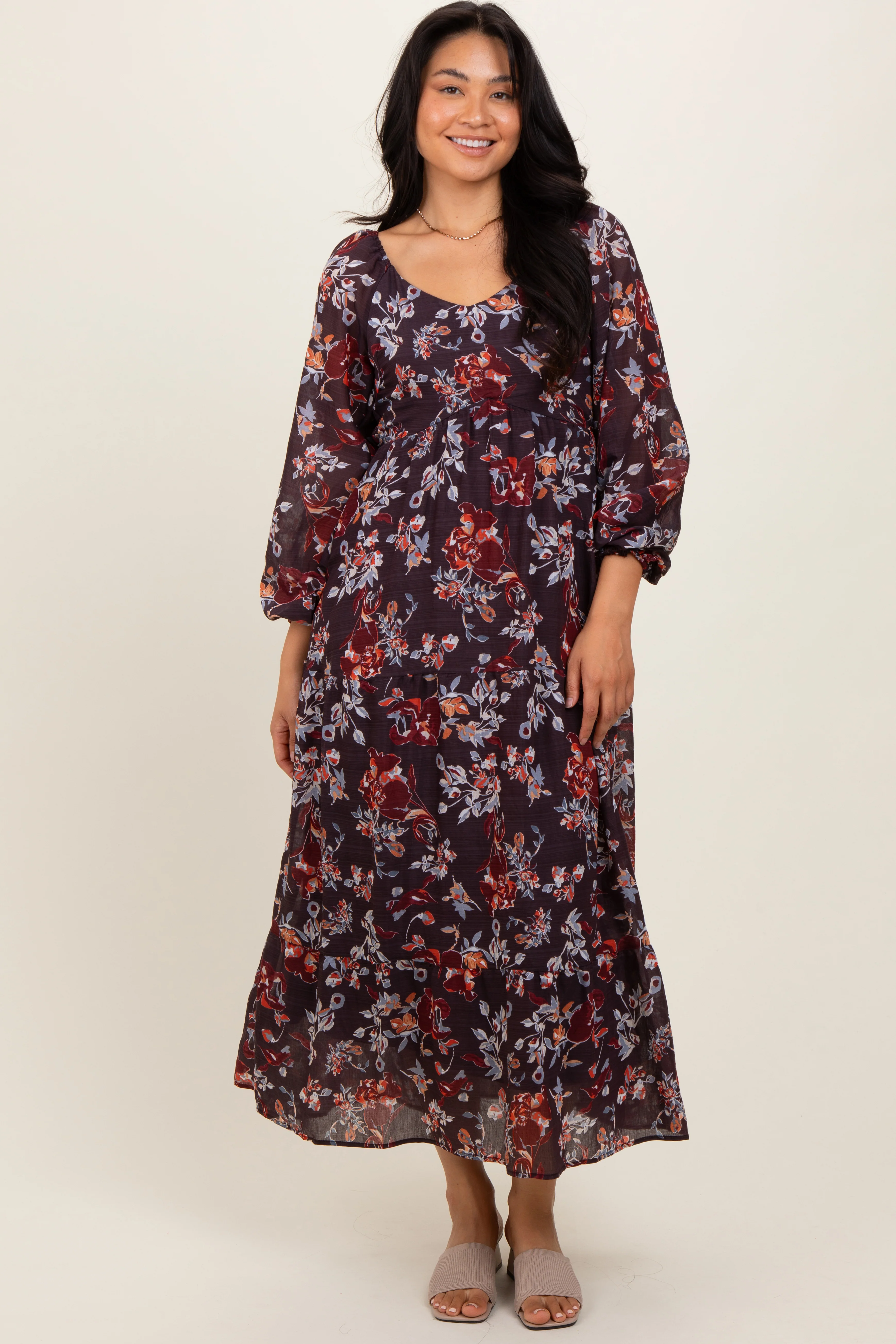 Brown Floral V-Neck Bubble Sleeve Maternity Maxi Dress - Image 5
