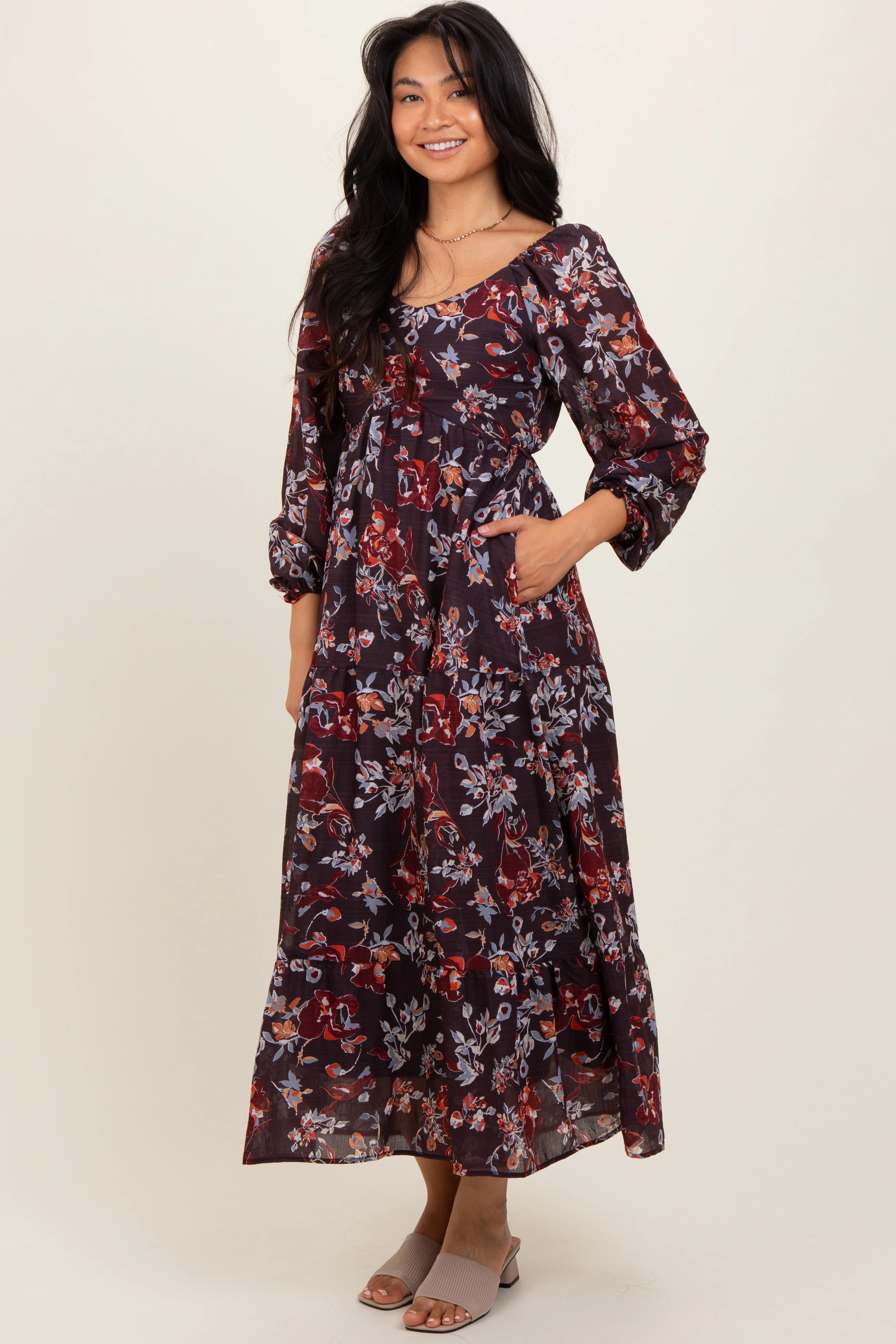 Brown Floral V-Neck Bubble Sleeve Maxi Dress - Image 3