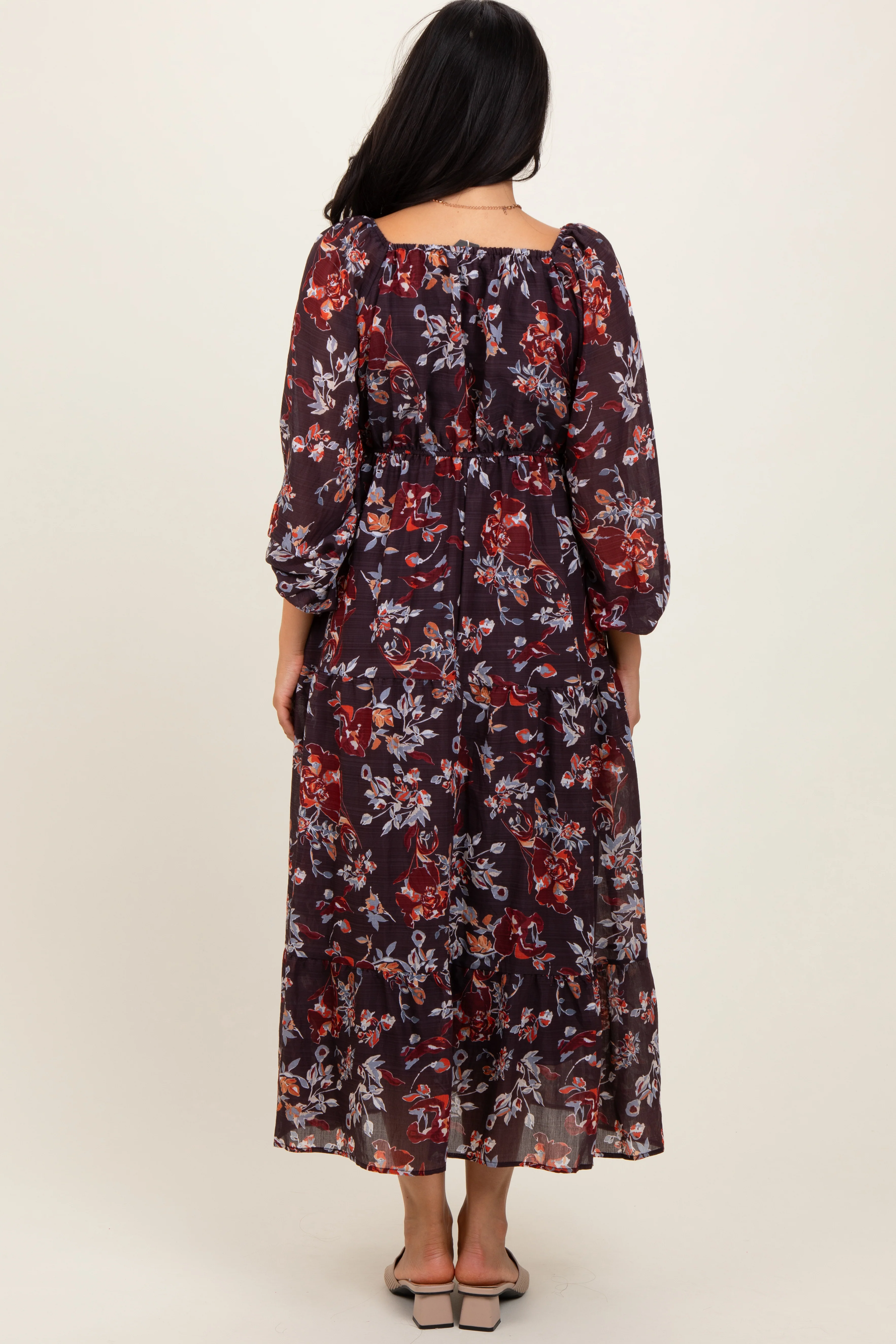 Brown Floral V-Neck Bubble Sleeve Maxi Dress - Image 4