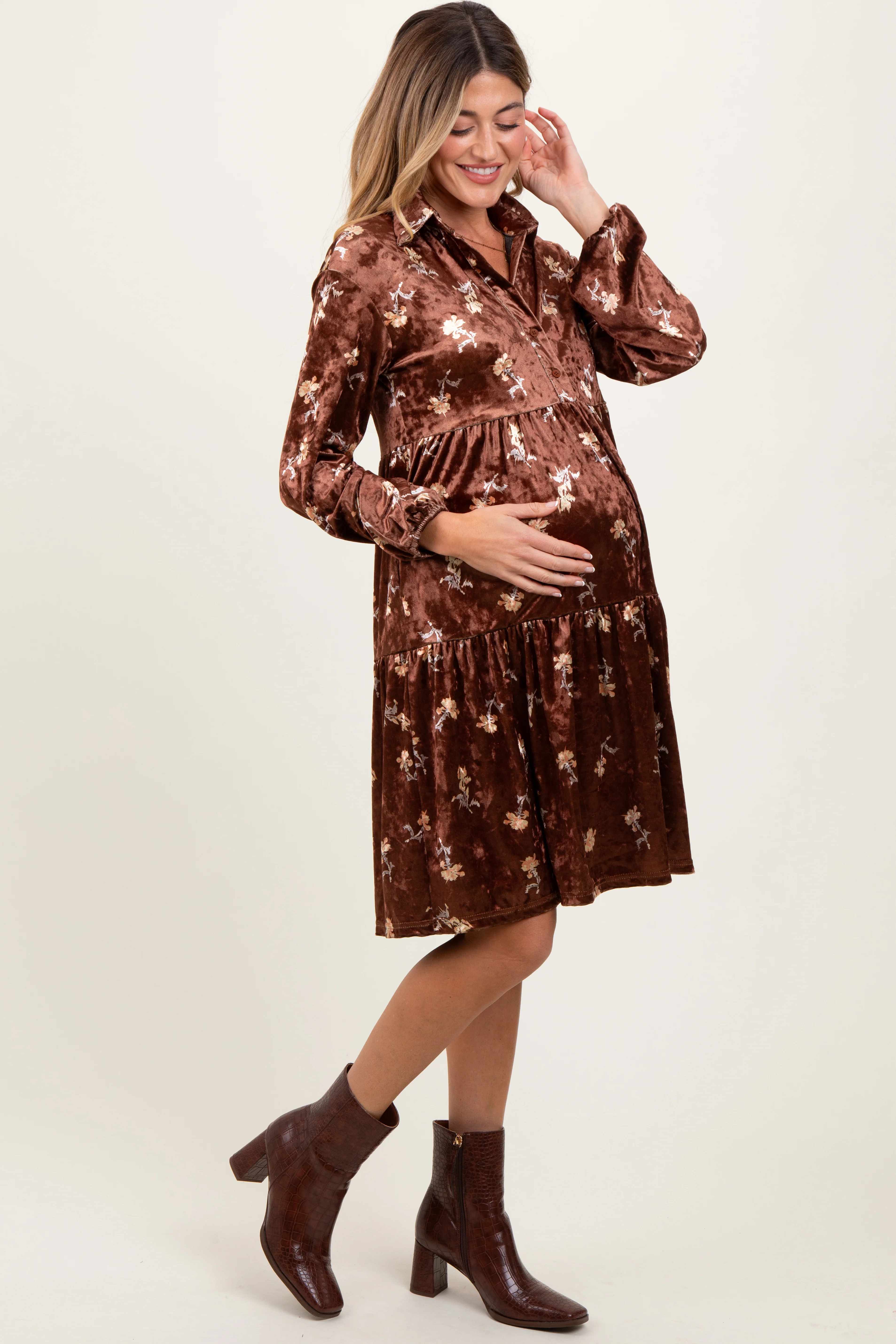 Brown Floral Velvet Button Down Maternity Midi Dress - Image 3