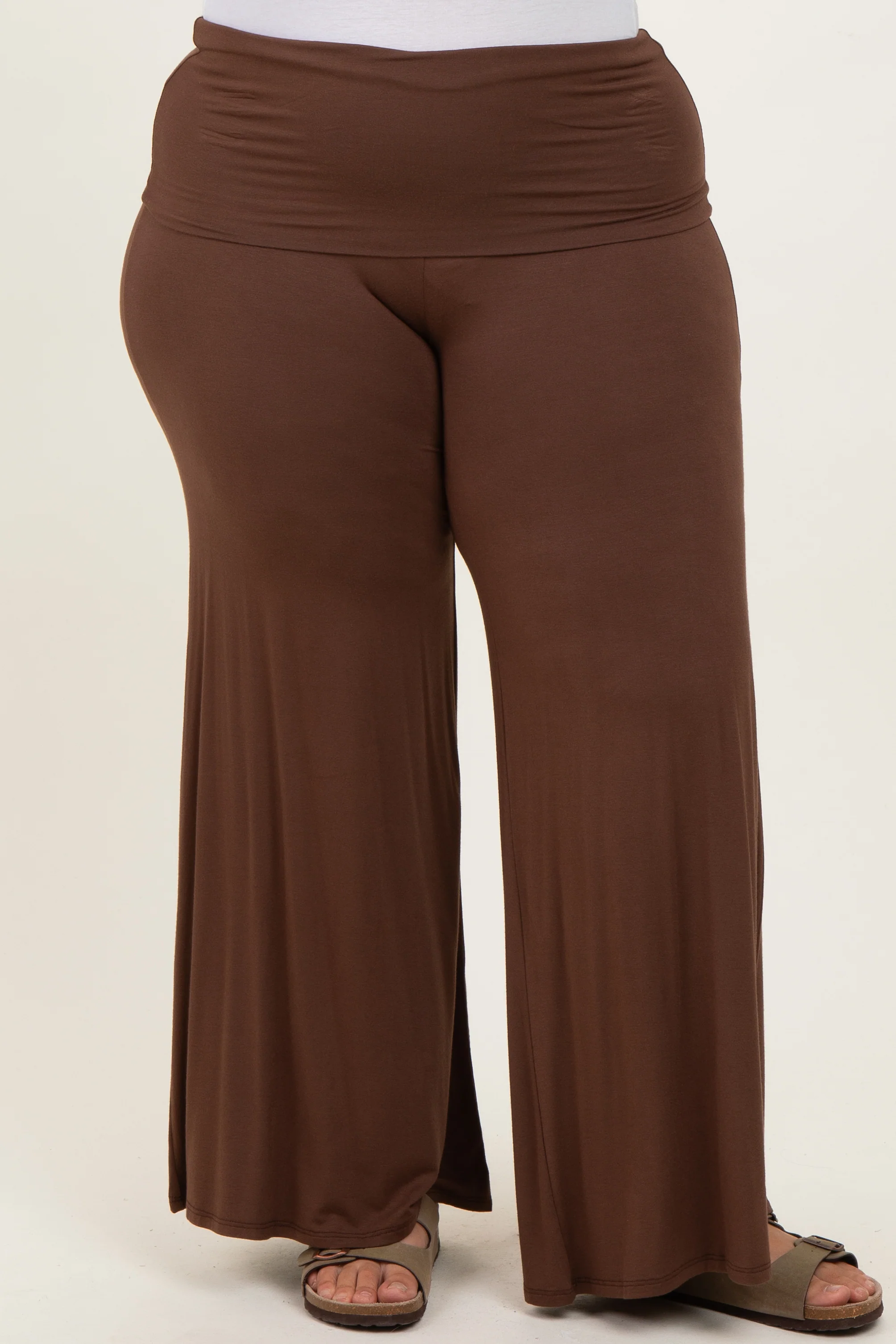 Brown Fold Over Waist Wide Leg Plus Lounge Pants - Image 2