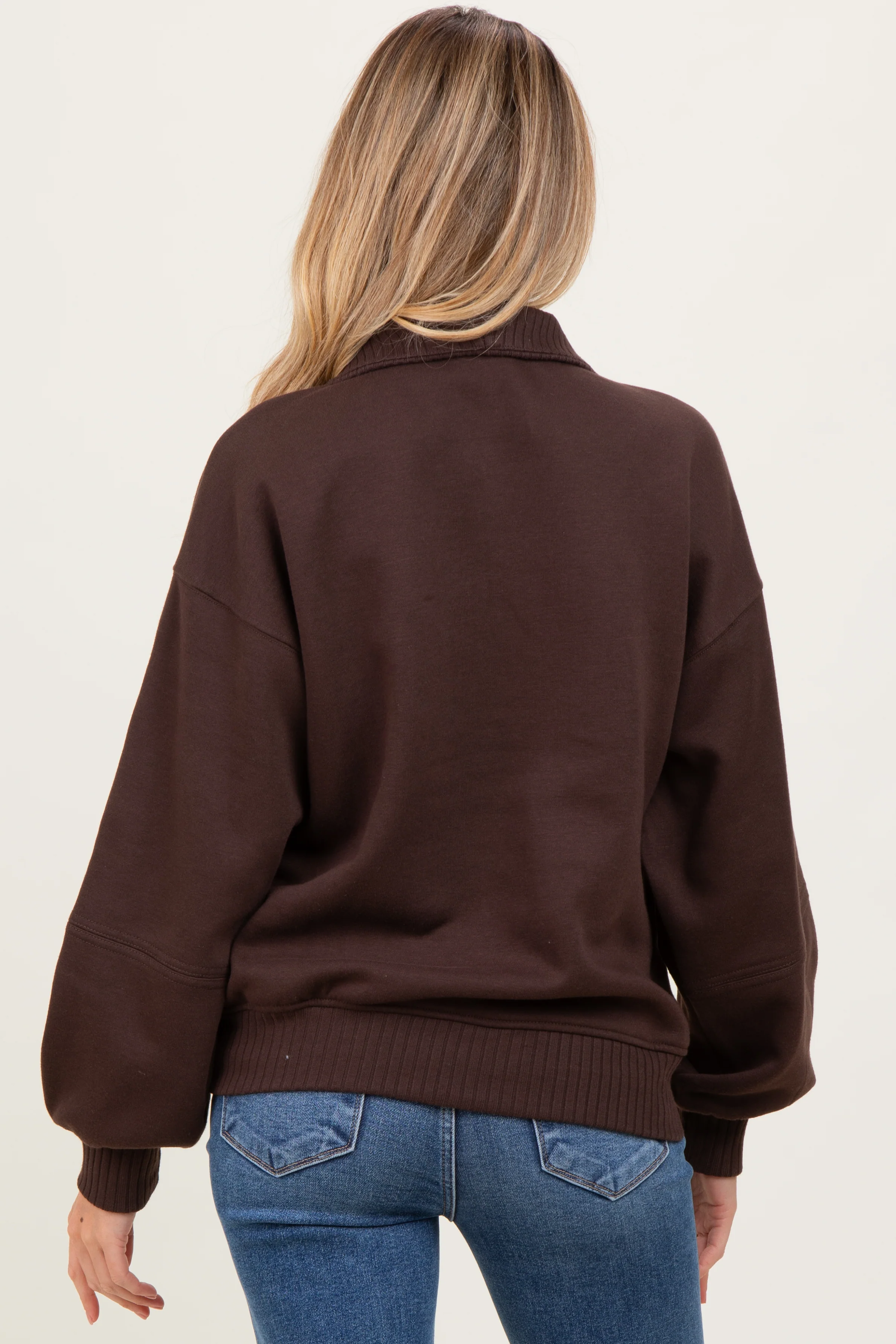 Brown French Terry Quarter Zip Maternity Pullover - Image 4