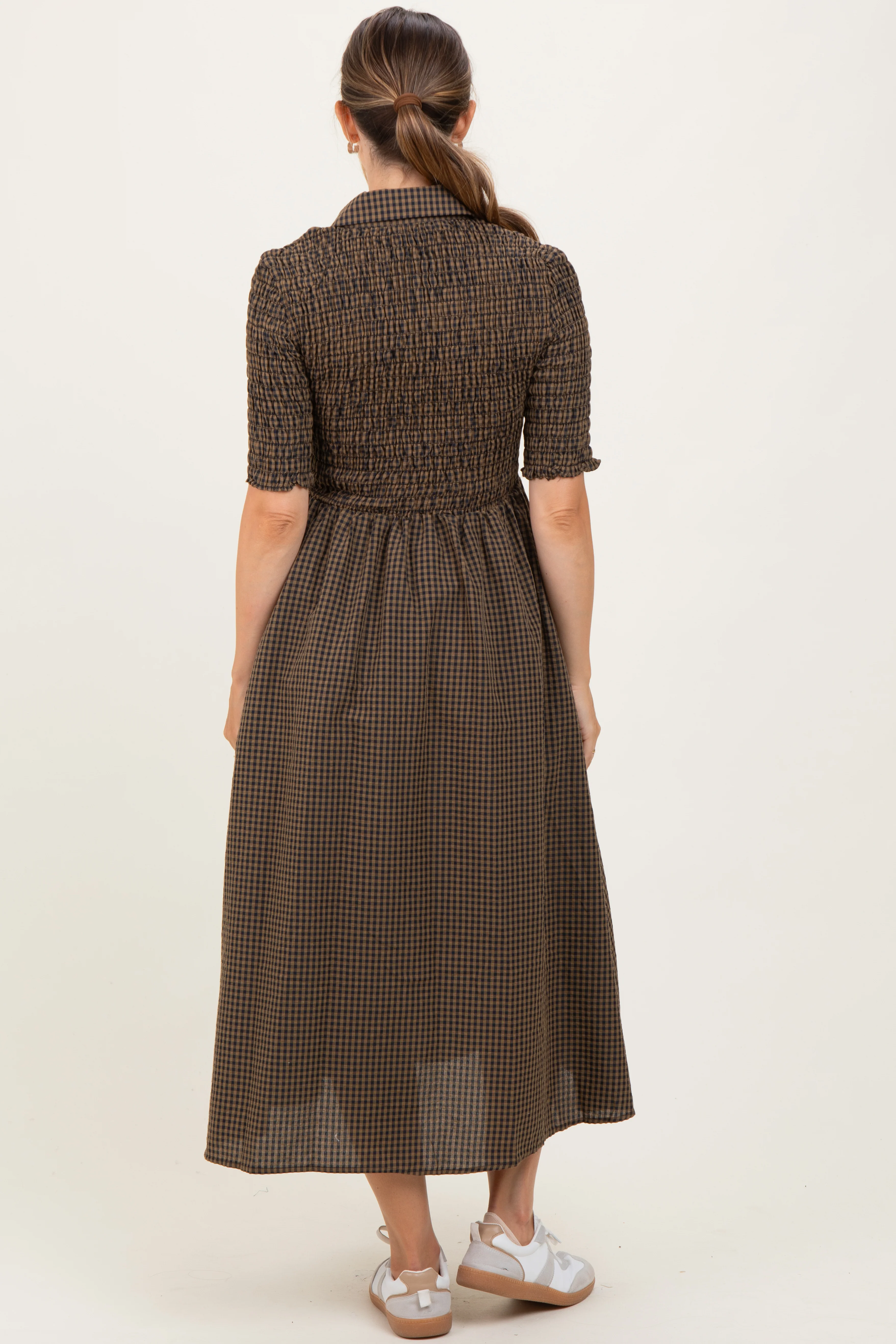 Brown Gingham Smocked Button Down Maternity Midi Dress - Image 3