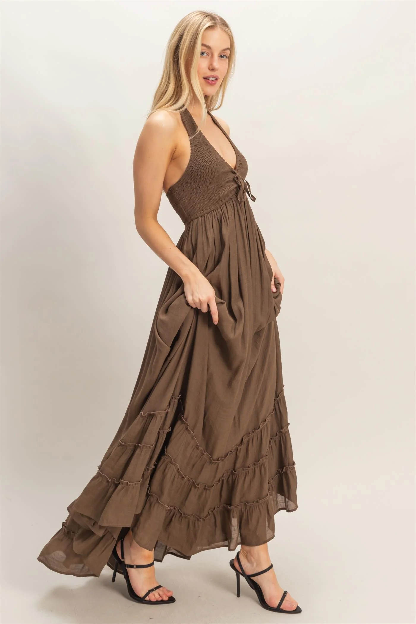 Brown Halter Neck Smocked Maxi Dress - Image 2