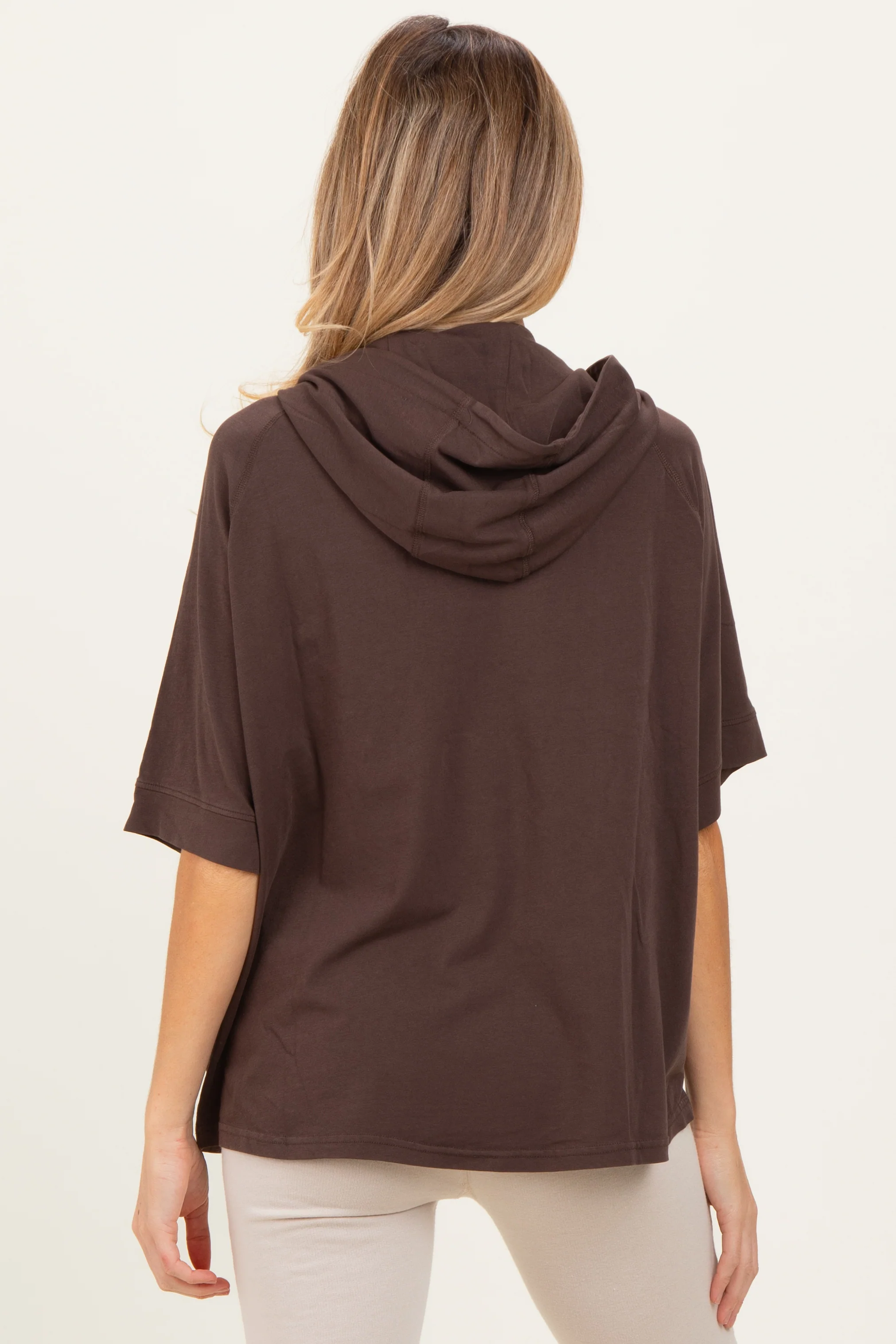 Brown Hooded Short Sleeve Maternity Top - Image 4