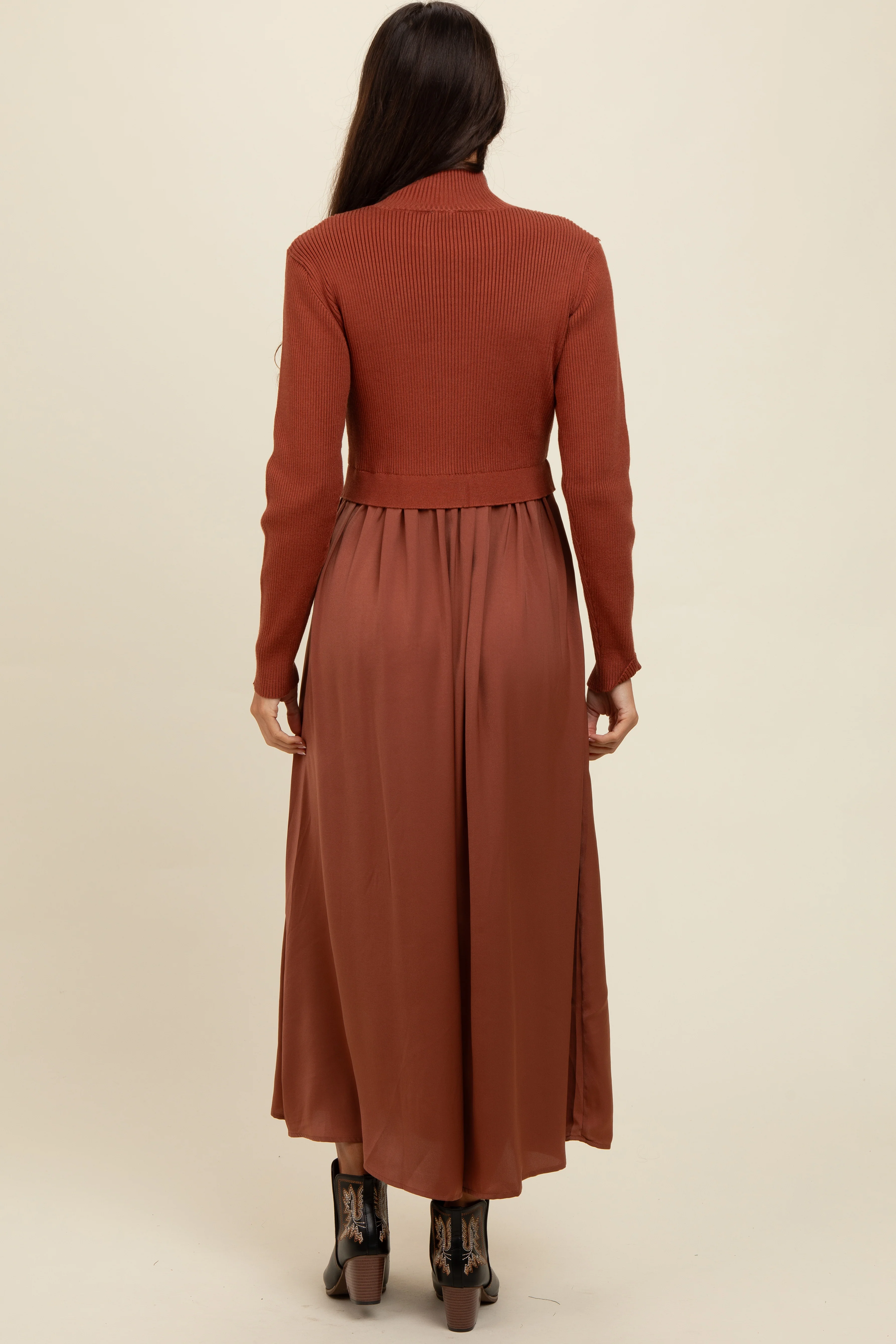Brown Knit Contrast Top Satin Midi Dress - Image 3