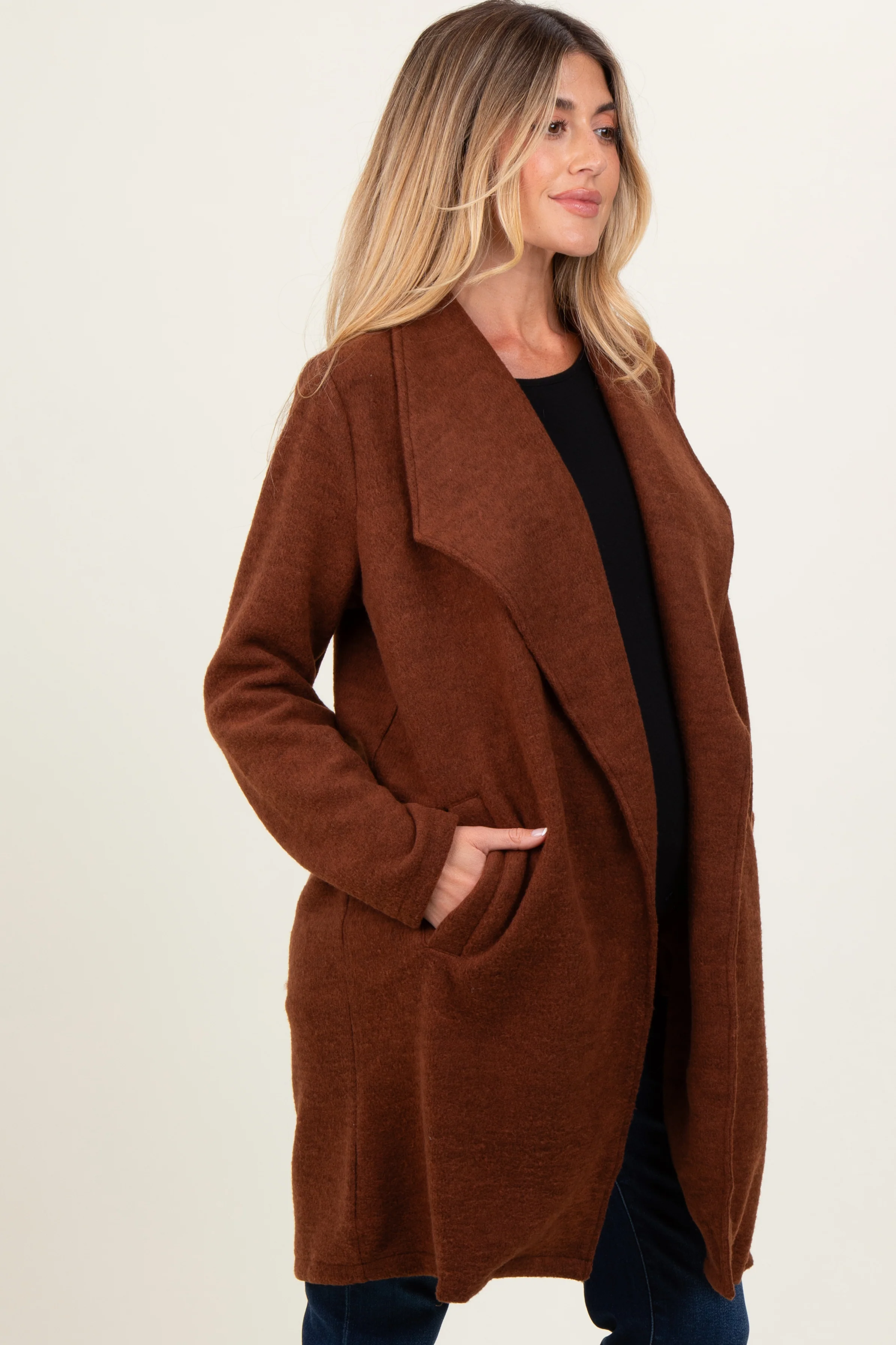 Brown Knit Relaxed Fit Maternity Coat Jacket - Image 3