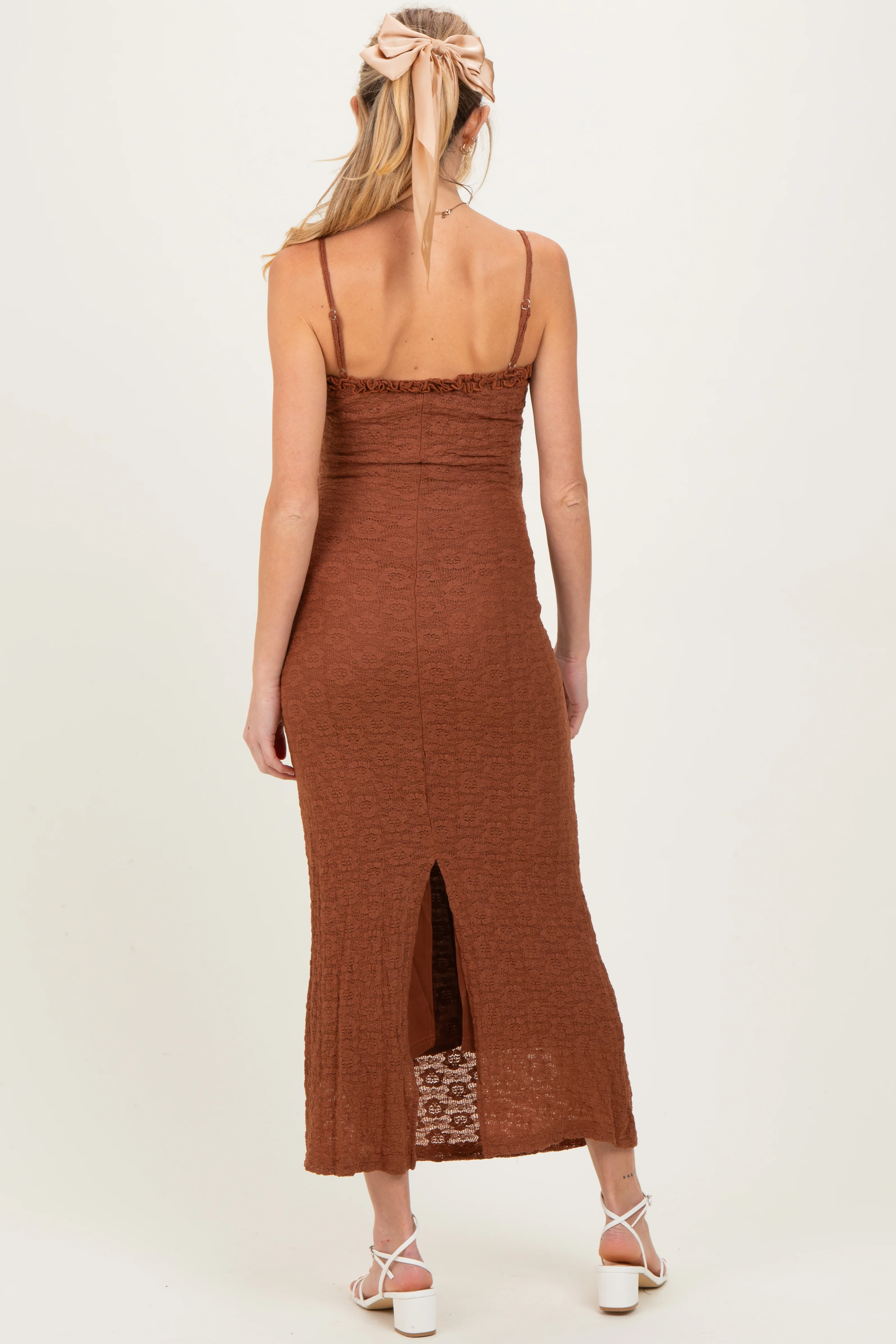 Brown Lace Cutout Tie Front Maternity Maxi Dress - Image 5