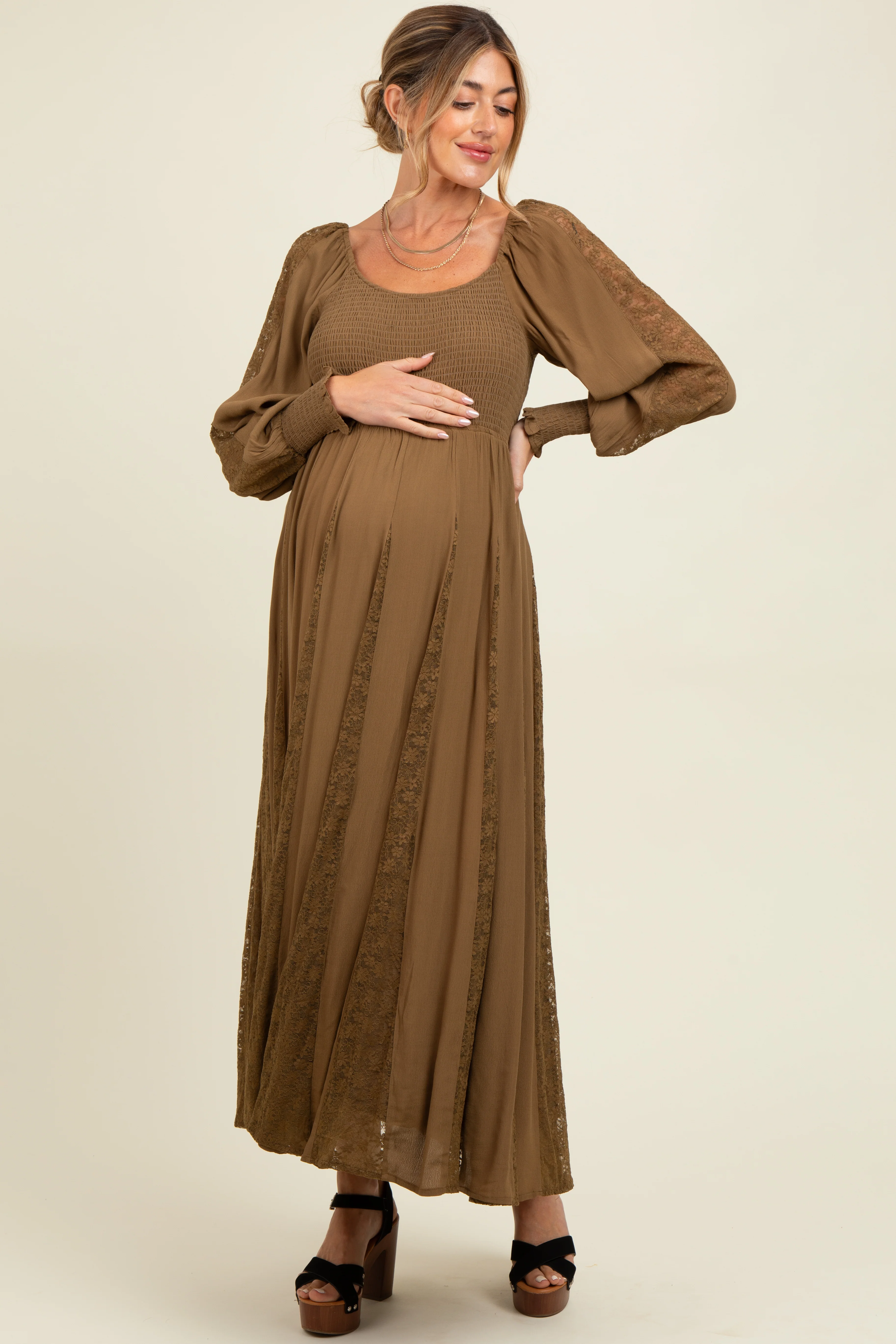 Brown Lace Inset Smocked Maternity Maxi Dress - Image 3