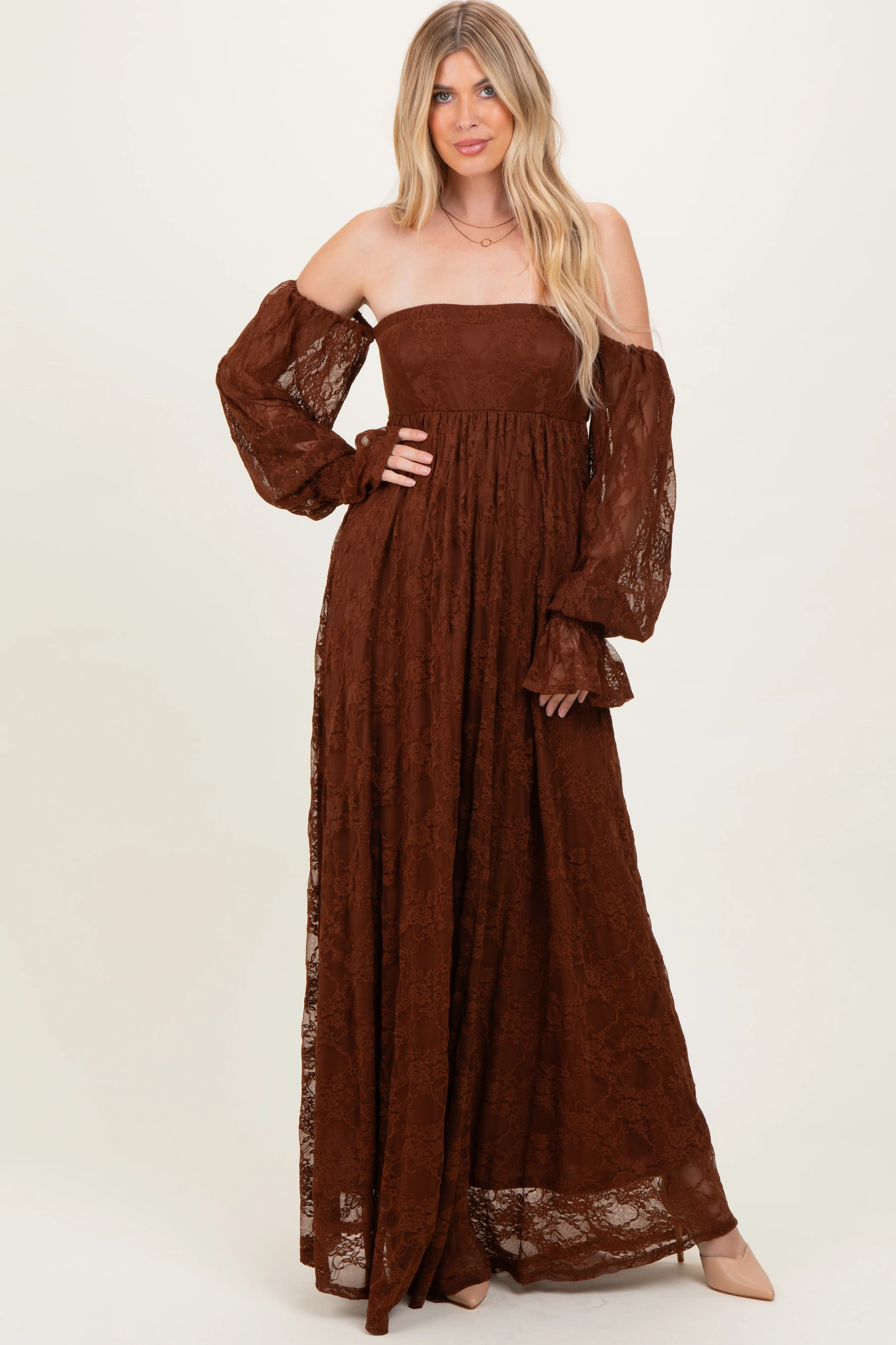 Brown Lace Smocked Long Sleeve Off Shoulder Maternity Maxi Dress - Image 5
