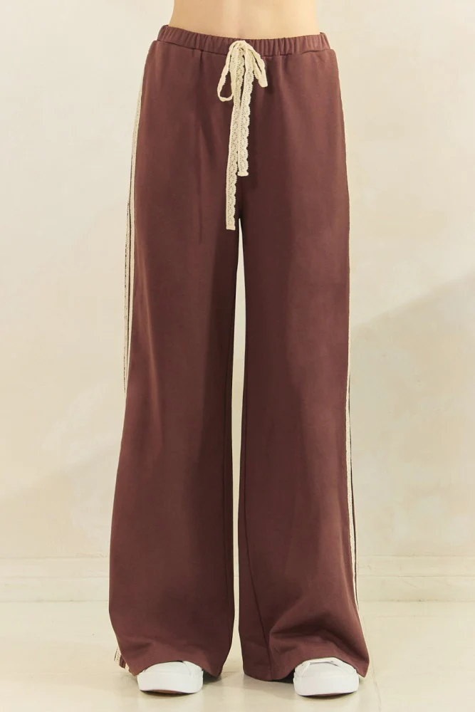 Brown Lace Stripe Drawstring Lounge Pants - Image 3