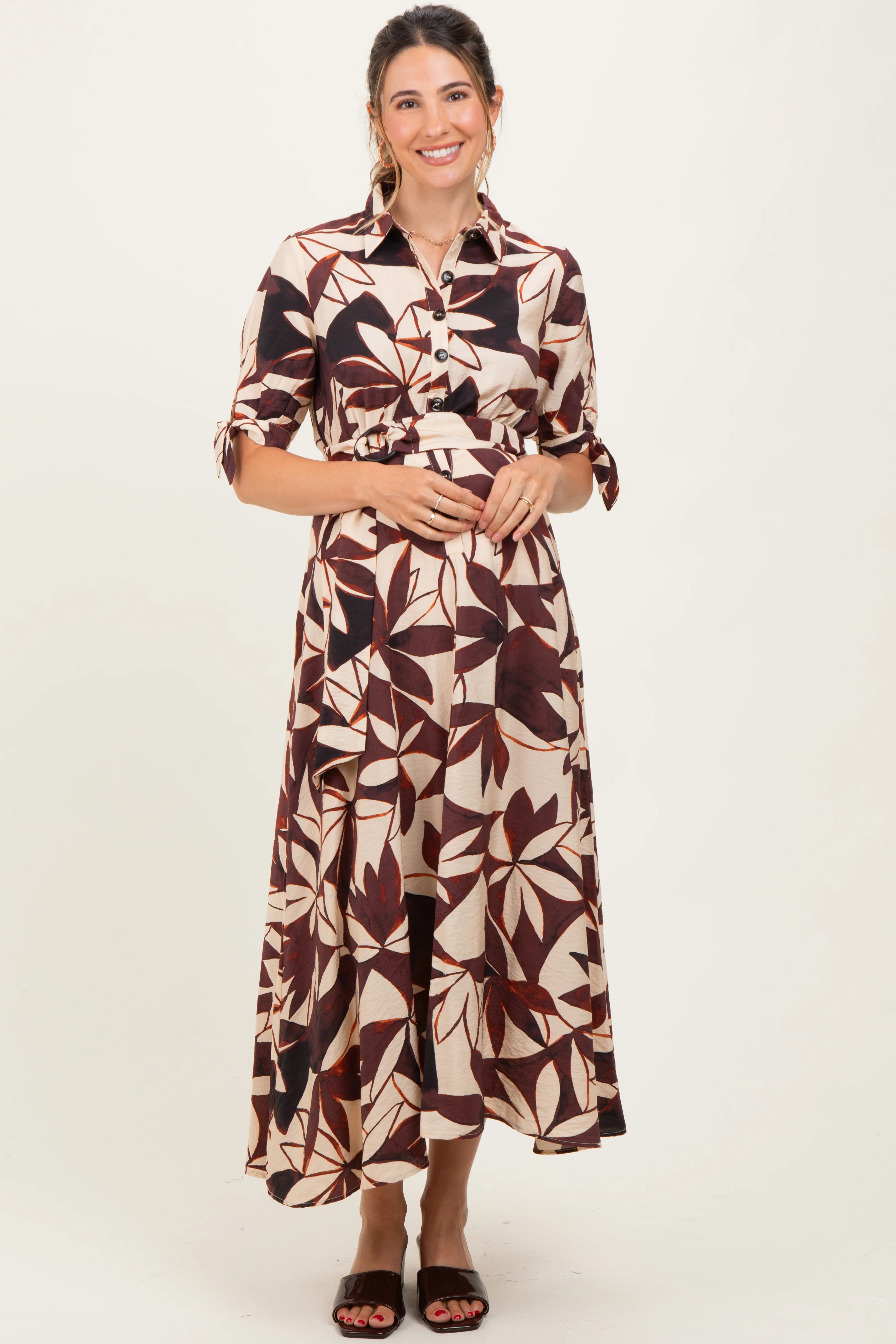 Brown Leaf Print Maternity Maxi Shirt Dress - Image 2