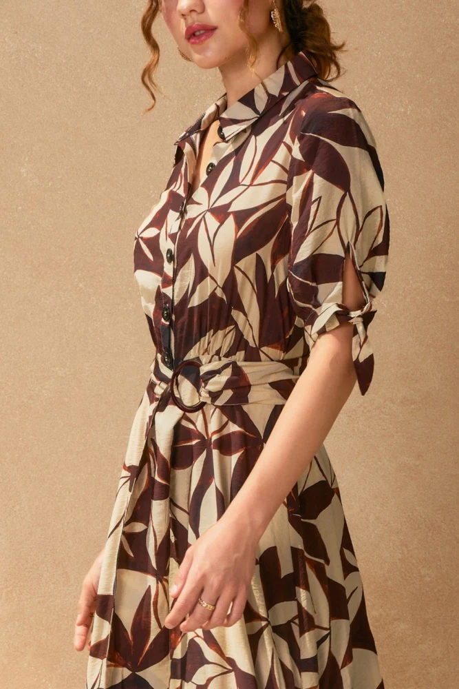 Brown Leaf Print Maxi Shirt Dress - Image 4