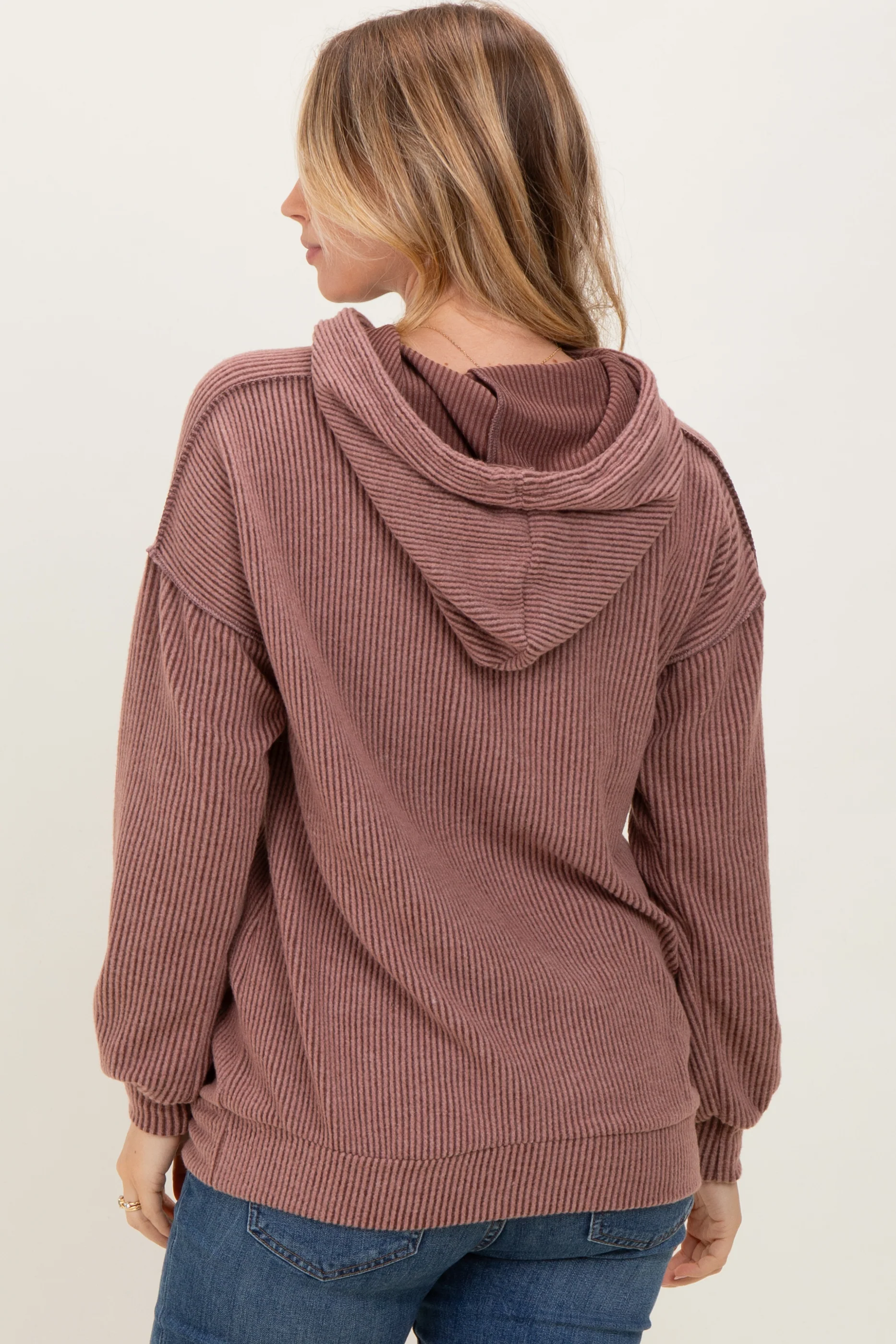 Brown Long Sleeve Brushed Urban Rib Hoodie Top - Image 4