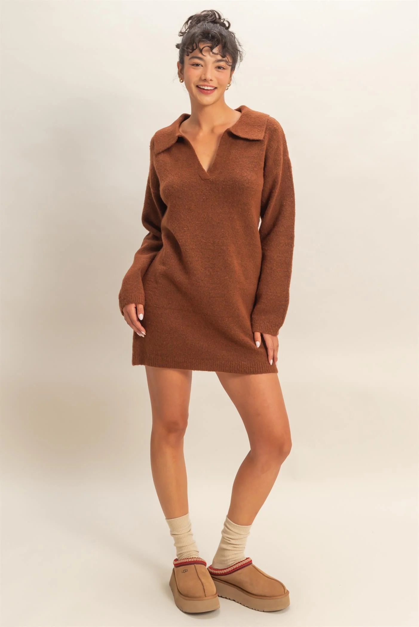 Brown Long Sleeve Polo Sweater Dress - Image 4
