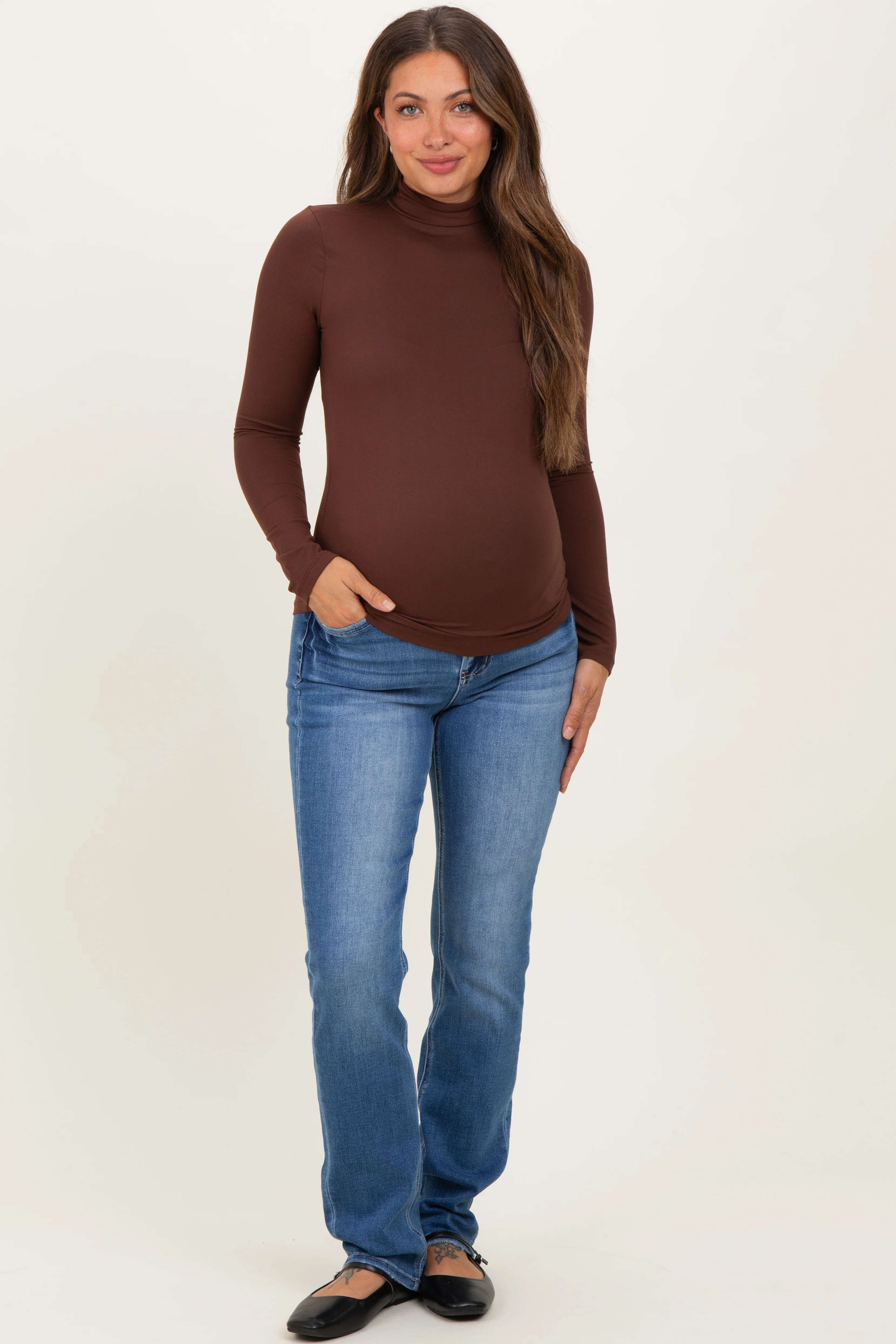 Brown Maternity Mock Neck Top - Image 2