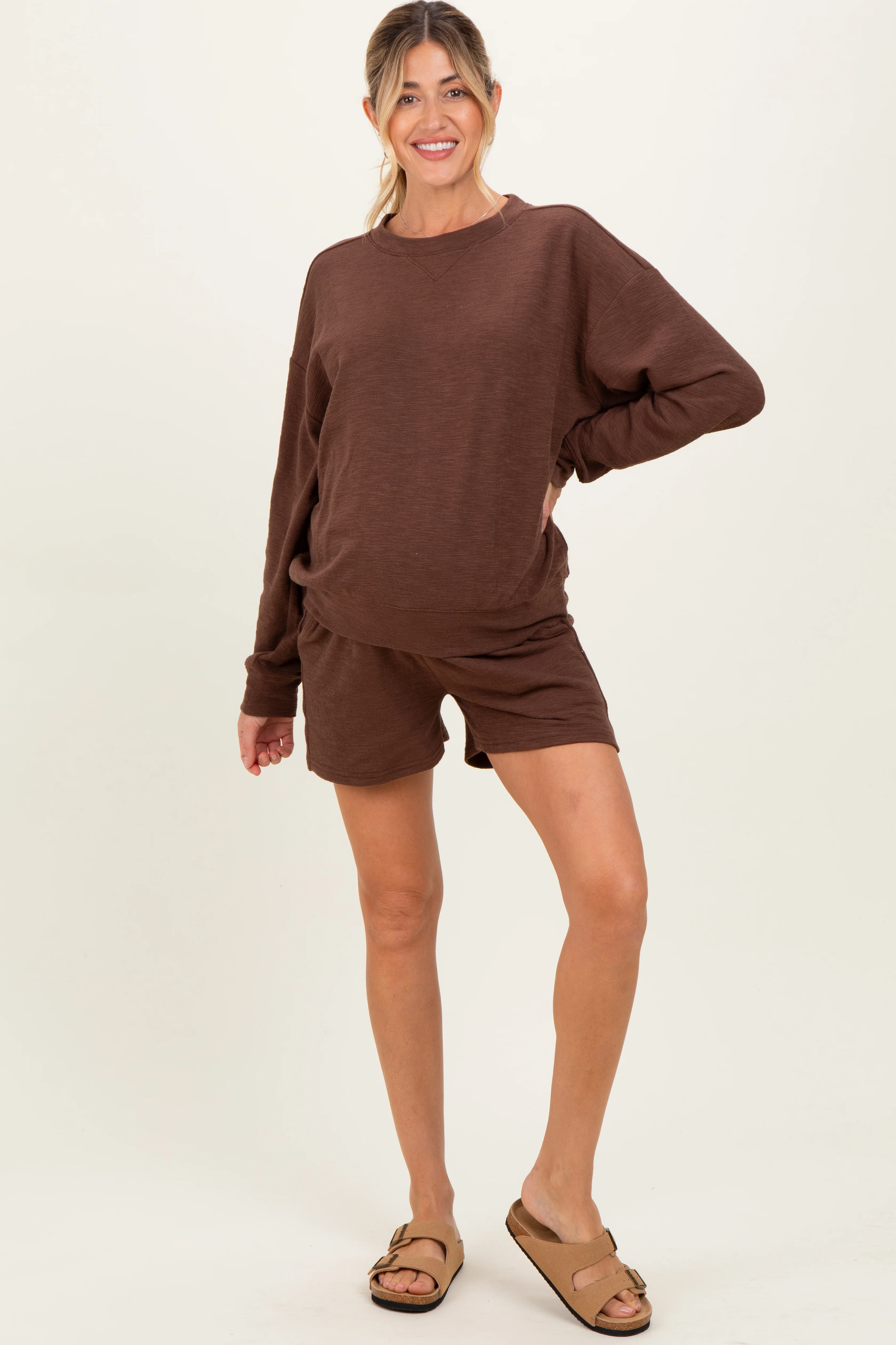 Brown Maternity Pullover & Shorts Set - Image 2