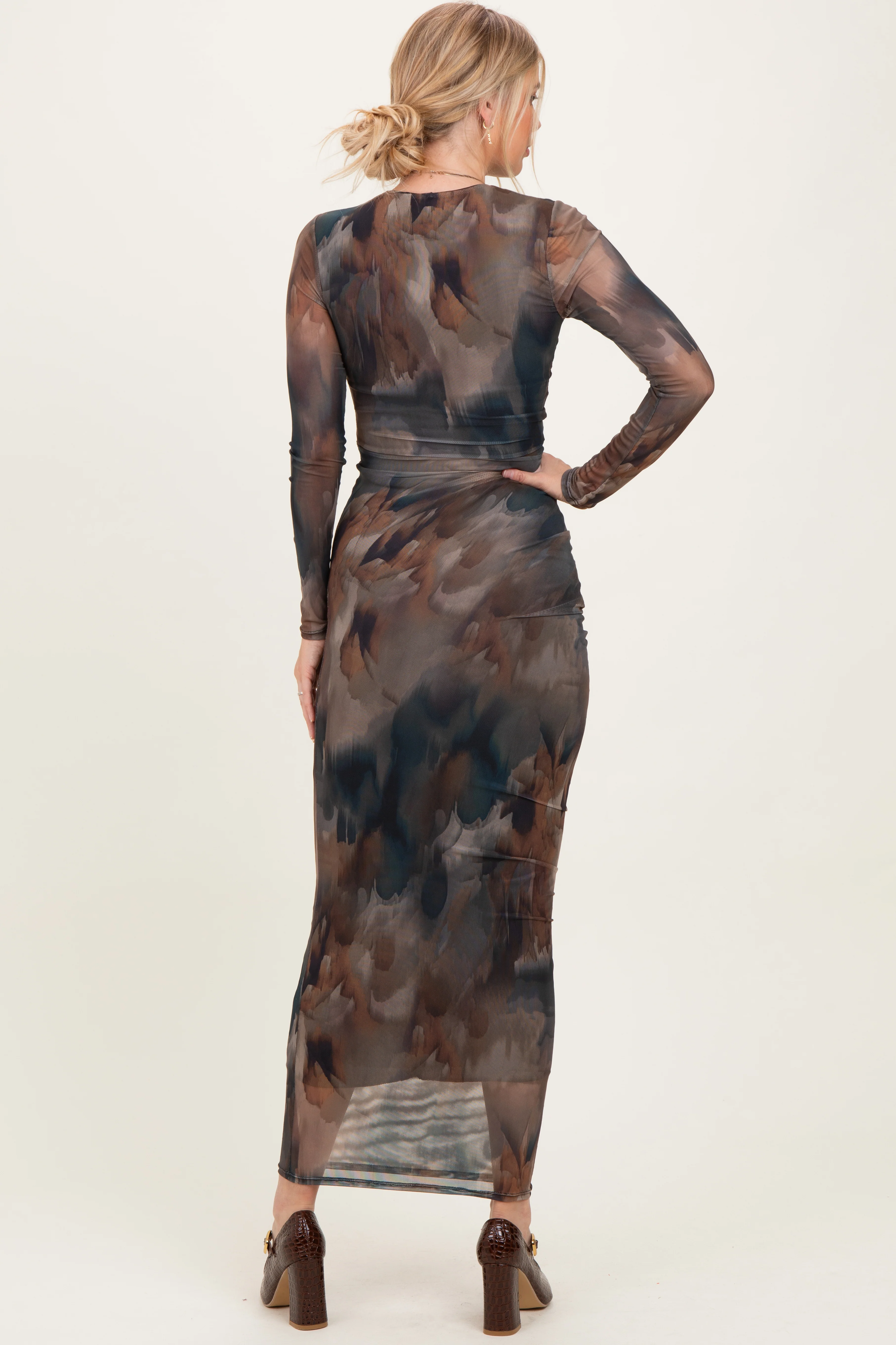 Brown Mesh Multicolor Brush Stroke Print Maxi Dress - Image 4