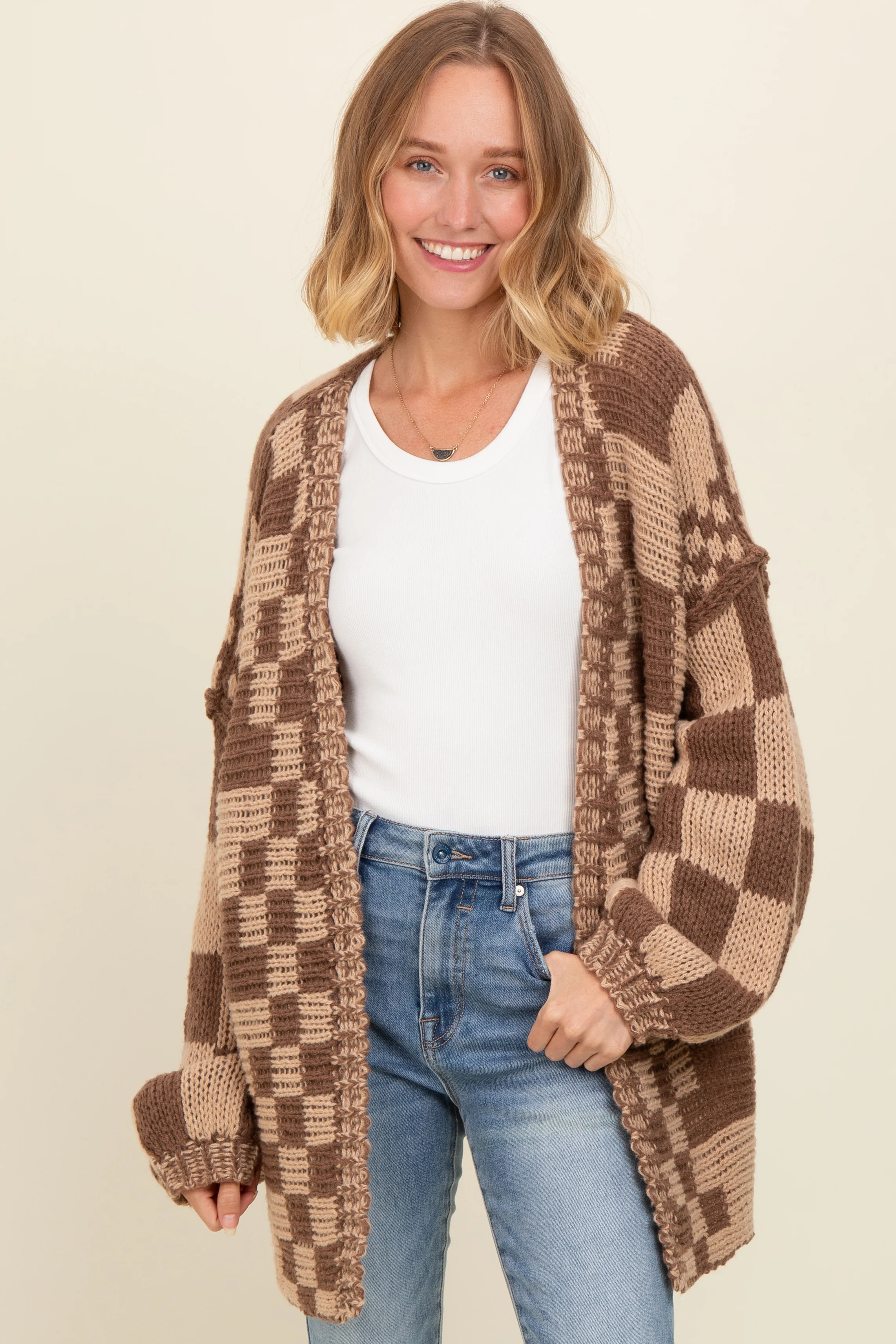 Brown Mixed Check Pattern Chunky Cardigan